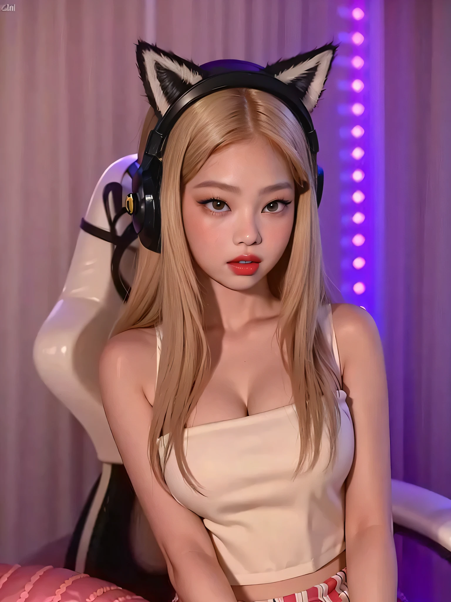 an asian girl in a red outfit with headphones on, 1girl, long hair, , looking at viewer, blonde hair, 1boy, navel, animal ears, twintails, brown eyes, , , hetero, parted lips, , , solo focus, , , stomach, blurry, , shiny skin, blurry background, fake animal ears, , headphones, headset