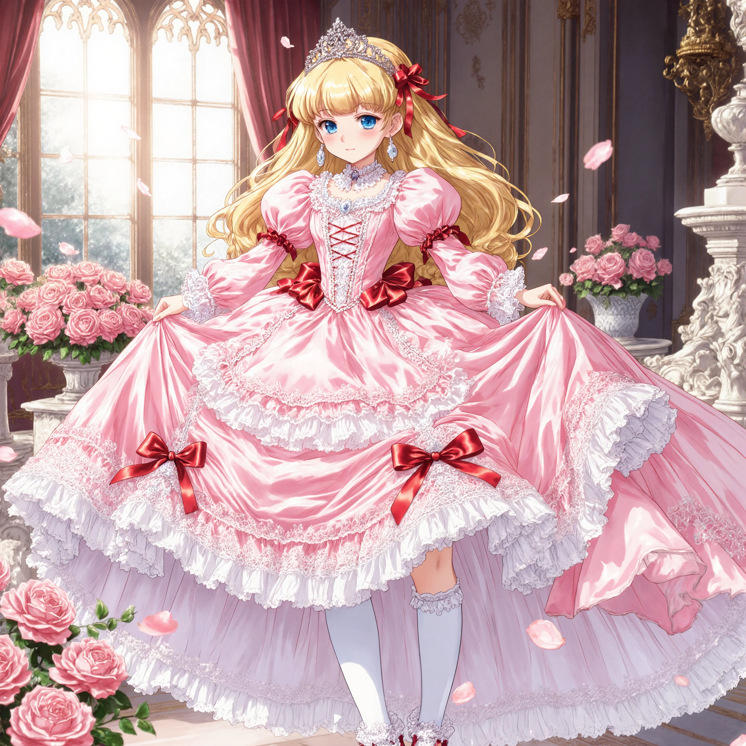 highest quality, masterpiece, highest resolution, artwork, super detailed, retro anime style,hi vision,the girl is a princess,short body height:1.0,blond long hair,She is skirt lift with her hand,((pink Ball gown dress:1.0)),,round hoop skirt,Lots of lace and frills with the dress, tiara,long sleeve,puff sleeves ,long dress,dress has Lots of red ribbons White long socks,frills socks, A lace petticoat with many layers in the dress, I can see the lace petticoat and Drawers under the dress, background:
- A room in a fantasy palace
- Sparkling light production
- pale pink roses
- soft light
- Magical brilliance
- Fluttering Petals Anime-Style Coloring:
- soft gradient
- Glamorous highlights
- Glitter effects
- gentle line drawing
- Anime-specific shadow expressions in this prompt、combines a dreamy atmosphere like in shoujo manga and、sophisticated designs from modern anime、Aim to be a princess statue that combines cuteness and elegance。
