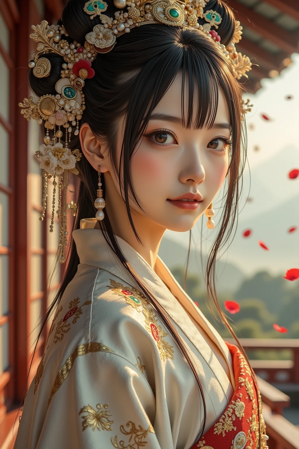 8k, RAW Photography, portlate、Woman standing in front of camera, full body Esbian、Hands in the mouth、full_Body、鎖骨, Hanfu, Brown eyes, Stars, Wind, Posing for Art Photos, cluster、elegant portrait, a blond、the wind、Photo Portrait 4K, 50mm portrait, cleavage of the breast, a photography of a beautiful woman, elegant profile pose, 60mm portrait, photo portrait, portrait of a beautiful model, profile pose, fine art portrait photography, Sensual Woman, elegant profile pose,