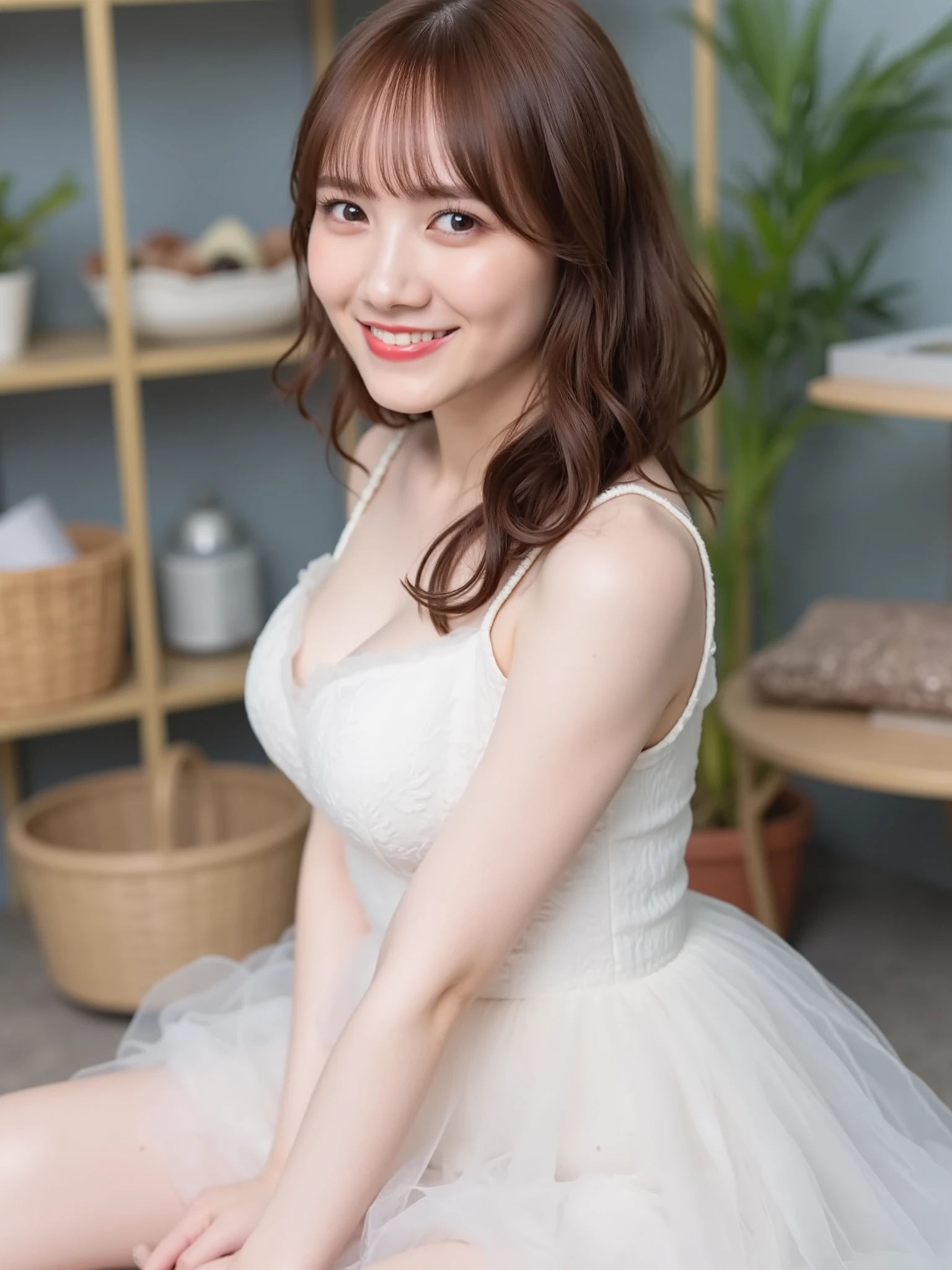 8k、VERY DETAILED PICTURES、intelligent face、 Beautiful girls with transparent bodies、Looks fun、have a beautiful body line、thighs、Aesthetic sensitivity、Polished、A beautiful atelier where the sun shines、laugh a little、curly hair、sheer pure white petticoat、slightly from the side、looking away、Beautiful breasts、Playful、sitting、Innovative composition、fair skin、Innocent Girl、Taken from above、Looking at the camera