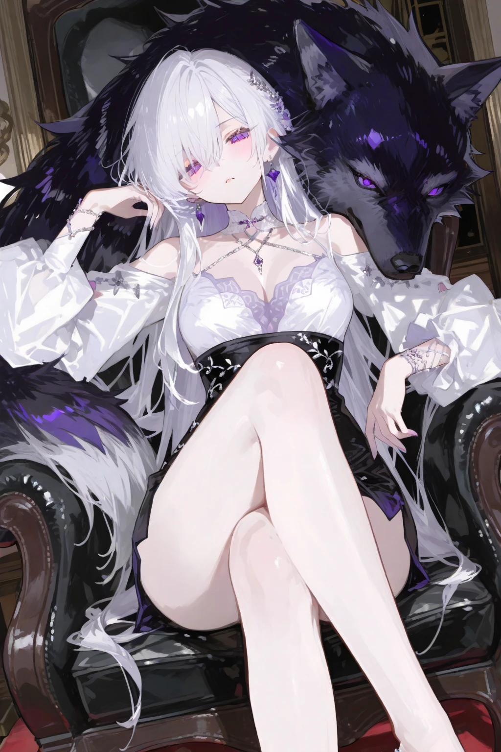 one woman, wolf ears, wolf tail, leather, sexy, masterpiece, good hands, good fingers, good legs, good feet, good eyes, long hair, dark skin, see-through,