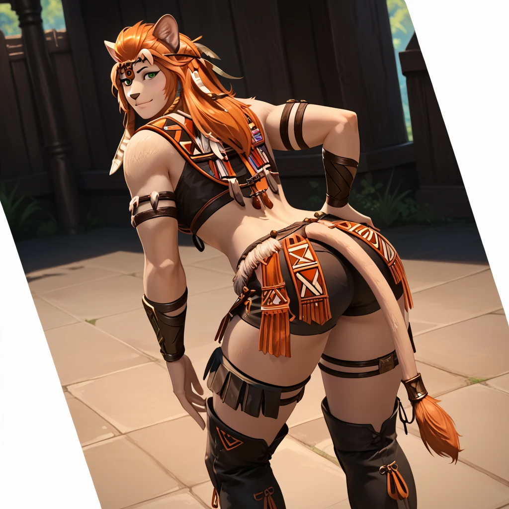 (masterpiece), 8k, dynamic lighting, expressive eyes, perfect face, fox girl, voluptuous, (brown blonde and dreadlocks:1.4), (gaunt body), fox tail, pout face,
BREAK,
sheer mesh bodysuit adorned with intricate tribal-inspired patterns, hugs the curves like a second skin, High-waist shorts, shredded and frayed, offer a daring peek at toned thighs, Tattered scarf worn as a makeshift belt, fishnets thigh-highs, high heels, laced with leather straps, complete the ensemble with a rugged elegance, hands on hips,