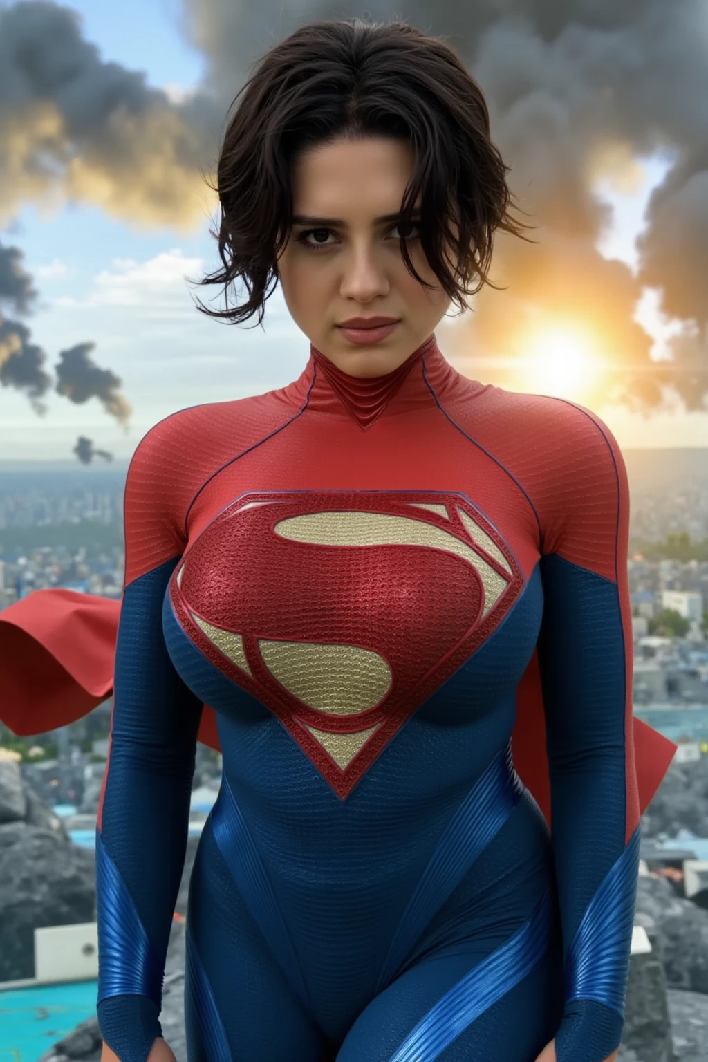 Sasha,short hair,black hair,brown eyes,
blue bodysuit,superhero,S,cape,close up,
upper body,looking at viewer,
cityscape,
(insanely detailed, masterpiece, best quality),solo,<lora:SashaCalle:0.8>,