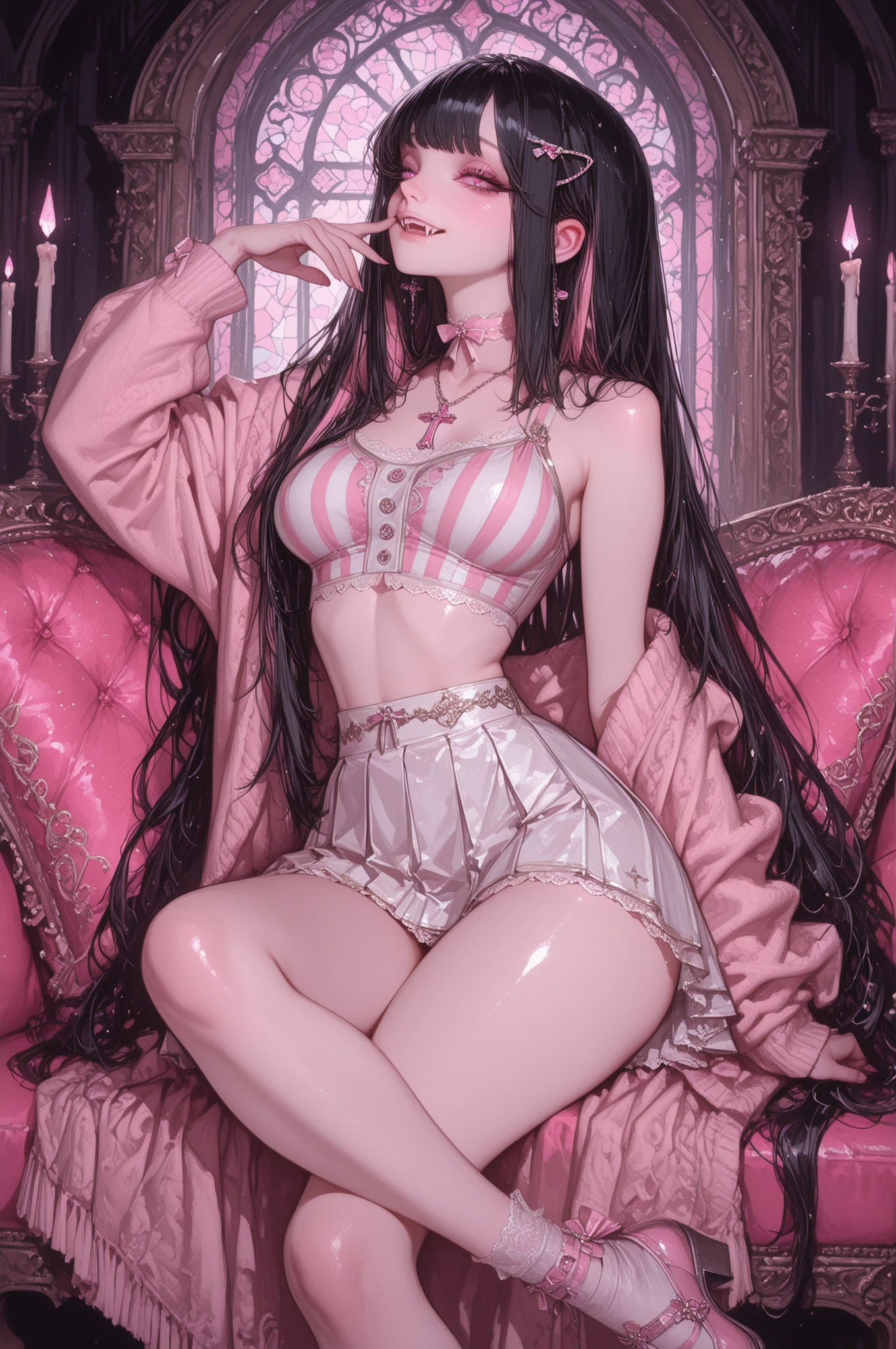 A beautiful Japanese woman is sitting and her pink body is visible 