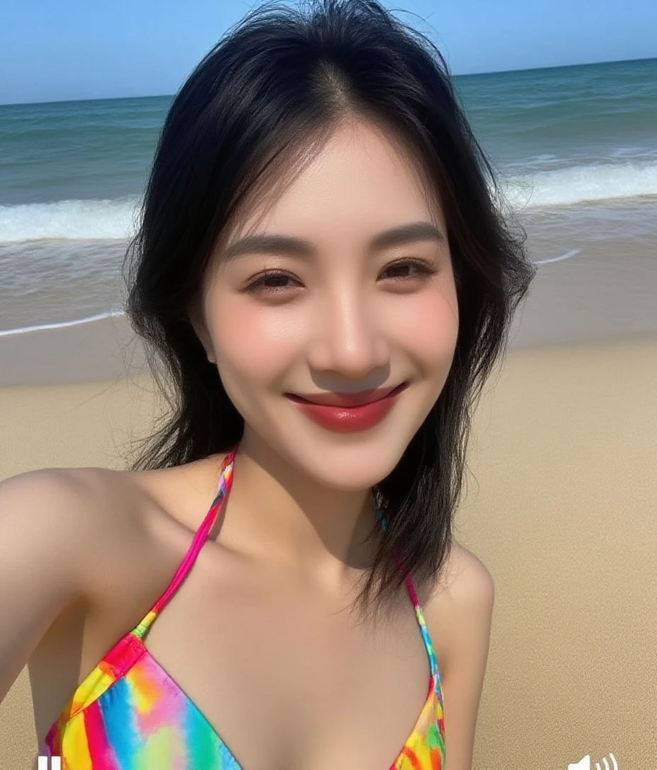 Stylish bikinis、 Black hair、18-year-old gravure idol、Shiny oily skin、Shiny skin、Summer Sea、Beautiful sandy beach、Natural Light、 look、Sexy pose、Smile、A small mole1t、Random Face, model pose,