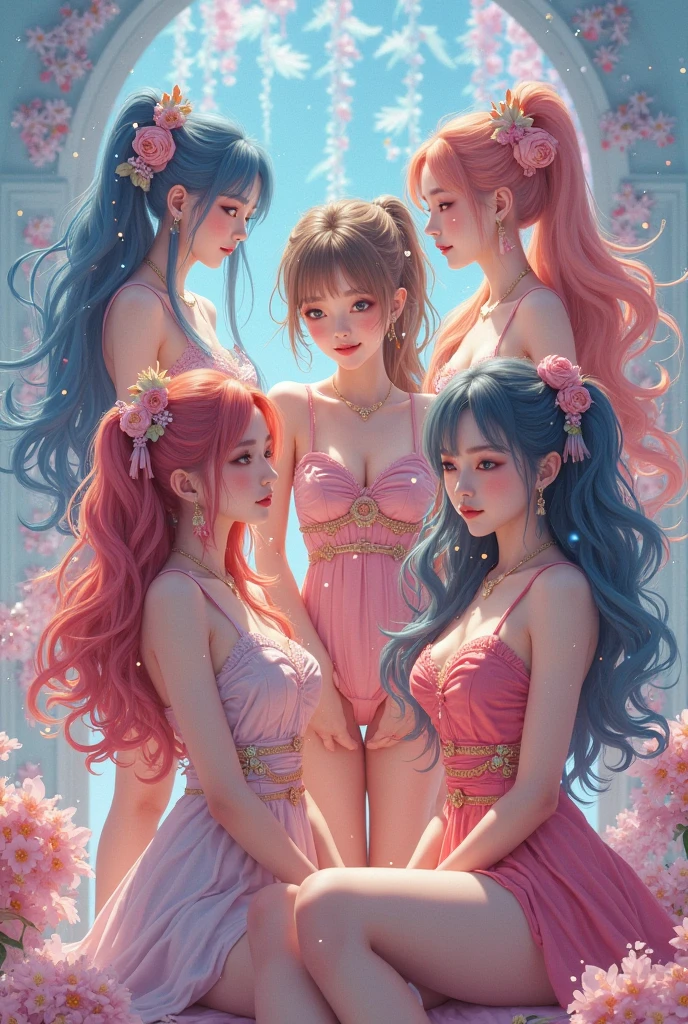 (masutepiece, of the highest quality, Best Quality, Official art, Beautiful and aesthetic:1.2), (1 Fantasy Girl), Extremely detailed, Glamorous Jewelry, long shapeless hair, (Fractal Art:1.3),Colorful,Highest detail.Express in the form of a heart、Ornaments in the form of hearts、Use a lot of heart shapes、Use a lot of heart shapes in the background、Use a lot of pink、Use a lot of flowers、Encrusted with heart-shaped jewelry、Heart-shaped bokeh、Angle from above the knee、Breasts are small and B size、A slender、Cleavage is visible。legs are thin and beautiful,the skin is white and transparent,high-heels、Gold Anklet、