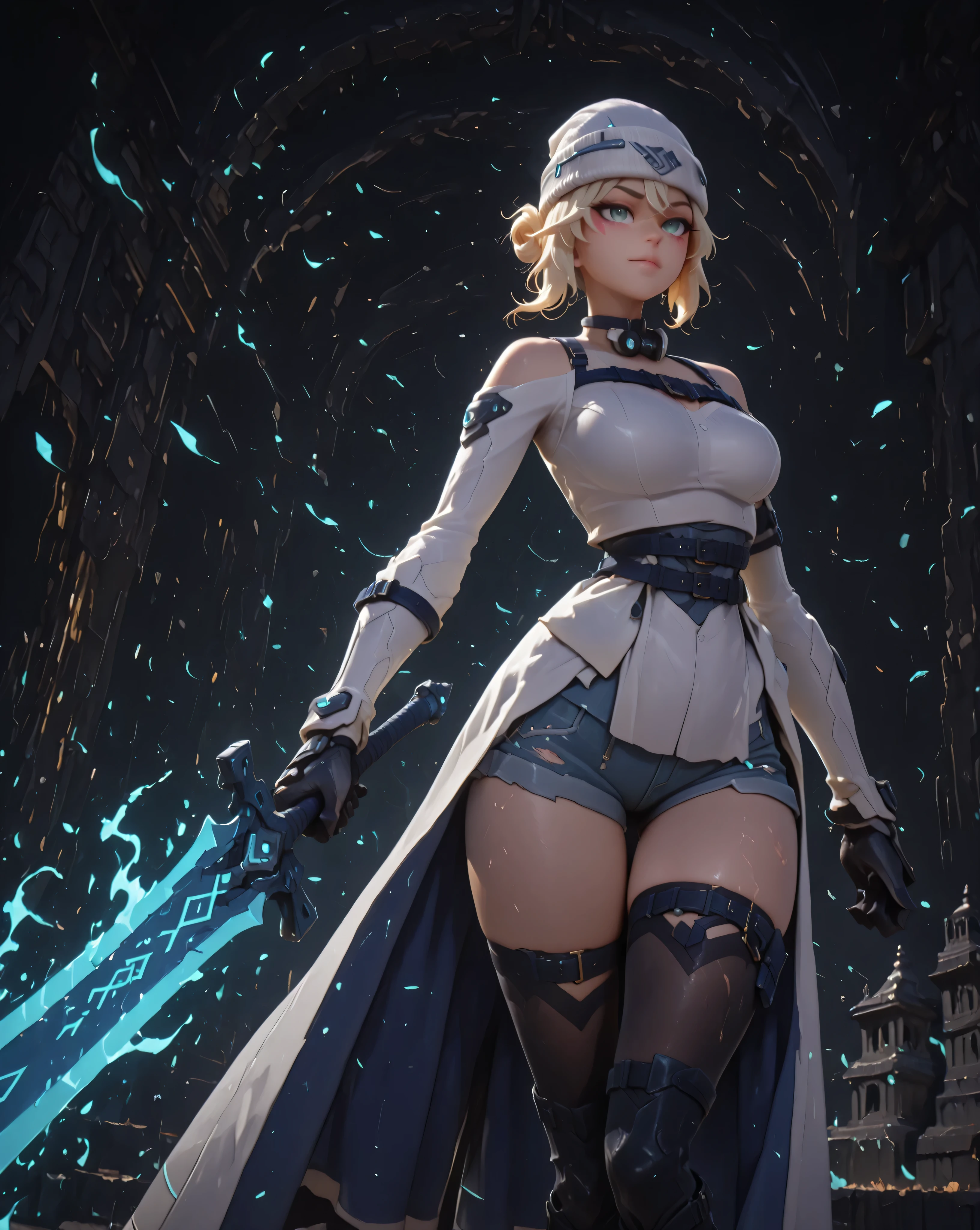 masterpiece, high resolution, 4k, best quality, solo female character, SAME as Kiriko K-pop (inspired by LE SSERAFIM Blue Frame), stylish white beanie, ultra-detailed, alone, light blonde hair with gray tones, short hair SAME as Kikiko (LE SSERAFIM), blue eyes, confident and slightly sadistic expression, fair skin, youthful curves, sensual pose, white coat tied at the waist, white long-sleeved blouse SAME as Kikiko (LE SSERAFIM), short blue denim shorts, black gloves, black boots, black mid-thigh-length tights, holding two large black swords with few gold details, looking directly at the viewer, provocative smile, exposed shoulders, thin waist, large breasts, wide hips, defined thighs, perfect anatomy, extremely detailed face, extremely detailed eyes, markings SAME as Kikiko (LE SSERAFIM) on her face (but in a light blue tone), highly detailed hair, highly detailed eyes, black background, details thin Realistic, solo character, black large sword, marks LIKE Kikiko's (LE SSERAFIM) on her face (but in a light blue tone).