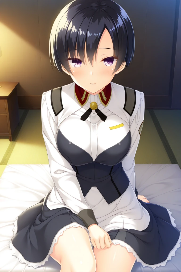 masterpiece, best quality, highres, (white delmo uniform:1.3), white delmo, white jacket, puffy sleeves, long sleeves, buttons, black ascot, pencil skirt, black skirt, pantyshot, large breasts, thick thighs, short hair, blunt bangs, blush, parted lips, upper body, room, indoors, <lora:Delmo_Uniform:0.8> <lora:tony_taka:0.6>