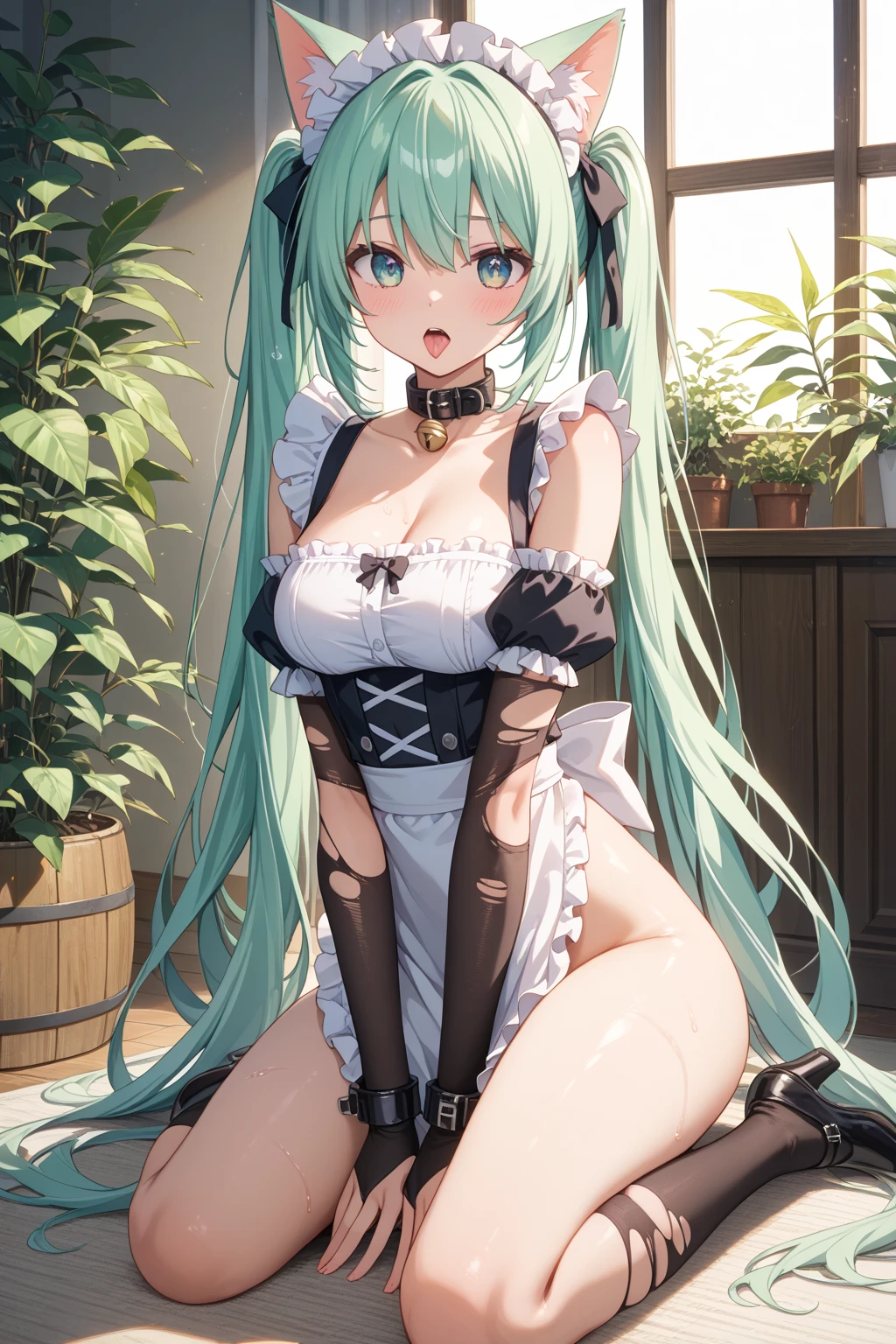 Super detailed, NSFW, masterpiece, High resolution, Photorealistic digital art, perfect lighting, (((1 girl, perfect anatomy))), accurate right hand, accurate left hand, five fingers, perfect style, ((hatsune miku,)) 3d face, big light blue-green eyes, glossy lips, blue-green long hair, shiny skin, smile, (((twin tails))), big square hair accessories, (aerith), 