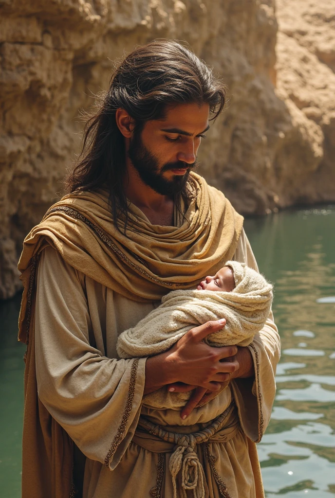 A scene where the mother (( a one woman)) Moses places the baby in a reed basket on the Nile River.