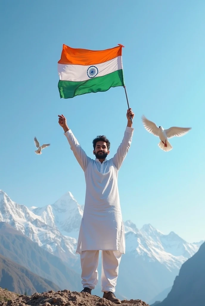 Create a picture of a child named Manveer on the back of the tricolour T-shirt holding indian flag with a mountain background . Print his name on the back of the t shirt 