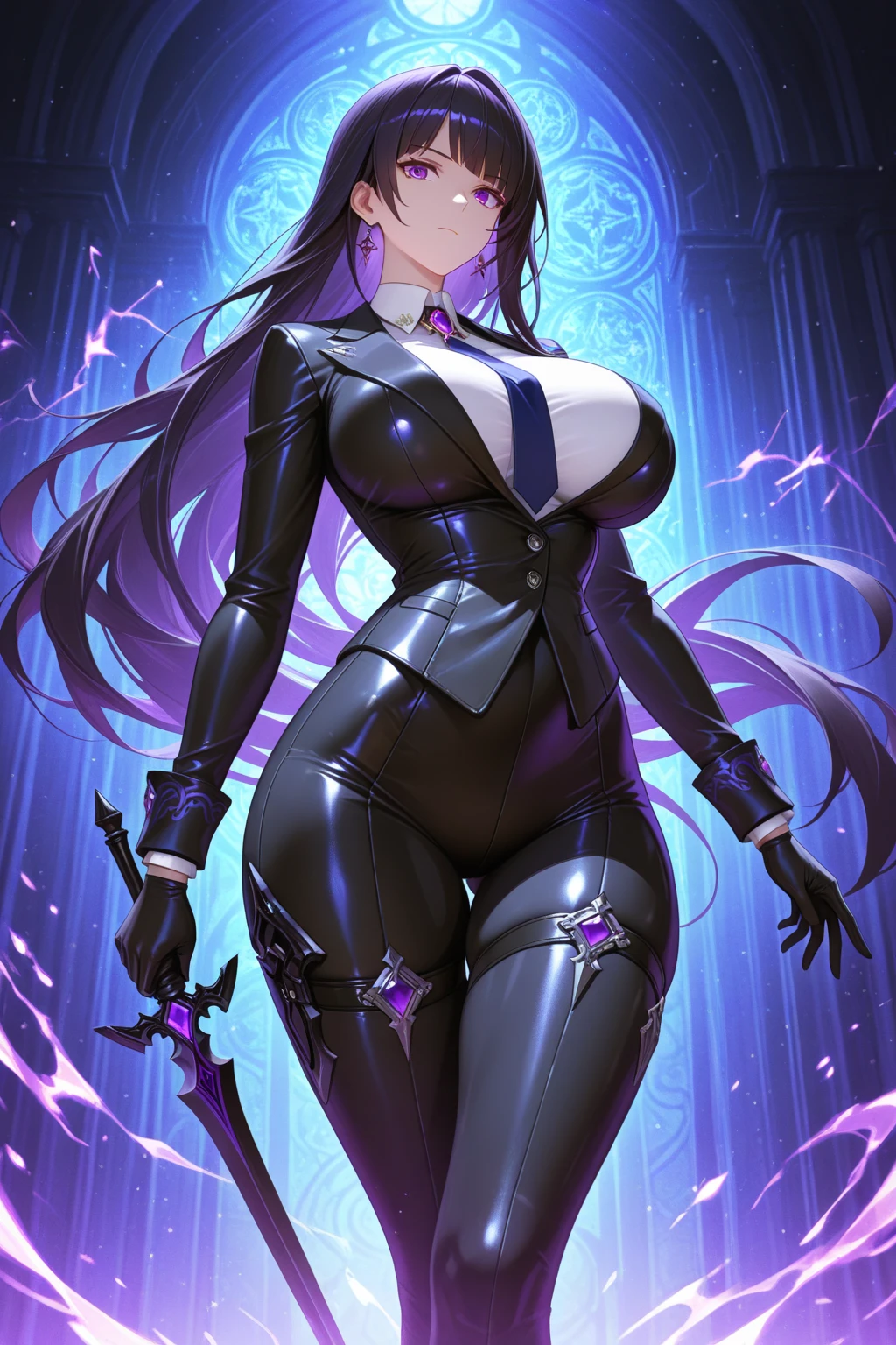a sorcerer woman with a sexy pose, big breasts, big ass, wearing a black sexy dress, dark magical air, highly detailed, 8k, photorealistic, cinematic lighting, dramatic colors, intricate details, masterpiece
