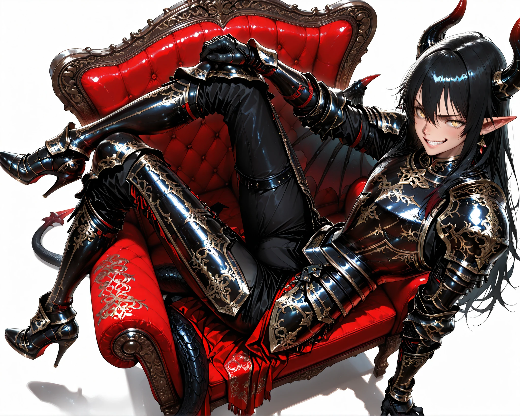 score_9, score_8_up, score_7_up, absurdres, (((128K Ultra High Resolution))), (masterpiece, best quality: 1. 5), (high definition: 1, 4), (highres), 8K wallpaper, (excellent graphics: 1. 5), CG, (((Japanese Anime style))), (1 male), solo, ((lean body, masculine)), weredragon, glossy black, shiny black leather, ((beautiful golden eyes, finely detailed eyes, bright eyes, slit pupils)), hair between eyes, black hair, long hair, sideburns, wild hair, (sly grin, sinister grin, smirk), teeth, confident, ((ultra detailed face)), shiny skin, long pointy ears, twisted torso, long-legged, sculpted face, wasp waist, dragon horn, dragon tail, dragon wings, dragon sharp claws, (black armor with a lot of grandiose decorations: 1. 5), half dragon half human, (sit cross-legged, closed legs, sit sideways, luxury antique red plush velvet chair: 1. 5), (dramatic angle, dynamic pose: 1. 5), (ultra detailed black armor, well-polished black armor: 1. 5), (gold-adorned armor: 1. 5), all black outfit, full body, sharp focus, good-looking man, (best illustration, highly detailed artwork: 1. 5), (cinematic), dramatic lighting, (intricate detail, extreme detailed, super detailed: 1. 5), chiseled features, (stark contrast, heavy shadows: 1. 3), detailed black decorations, beautiful & aesthetic, photoreal, (from side), ((from above)), (mysteriously crafted black metal armor: 1. 5), thick & luxuriant hair, (ultra detailed fantasy black armor, wonderful black armor: 1. 5), (realistic metal texture), broad shoulder, true-to-life visuals, artistically refined, (extremely delicate & beautiful armor, elaborate armor details: 1. 5), (giant black armor, dark armor, stylized armor: 1, 5), (((armor-type high heels))), (extremely detailed armor with intricate engravings, intricate armor with gold ornaments: 1. 5), ((very gorgeous and dazzling)), (dark fantasy black knight: 1. 5), slim waistlines, wide chested, sinewy body, (Hyper Detailed & Perfectly Designed Black Armor: 1. 5), (simple white background)