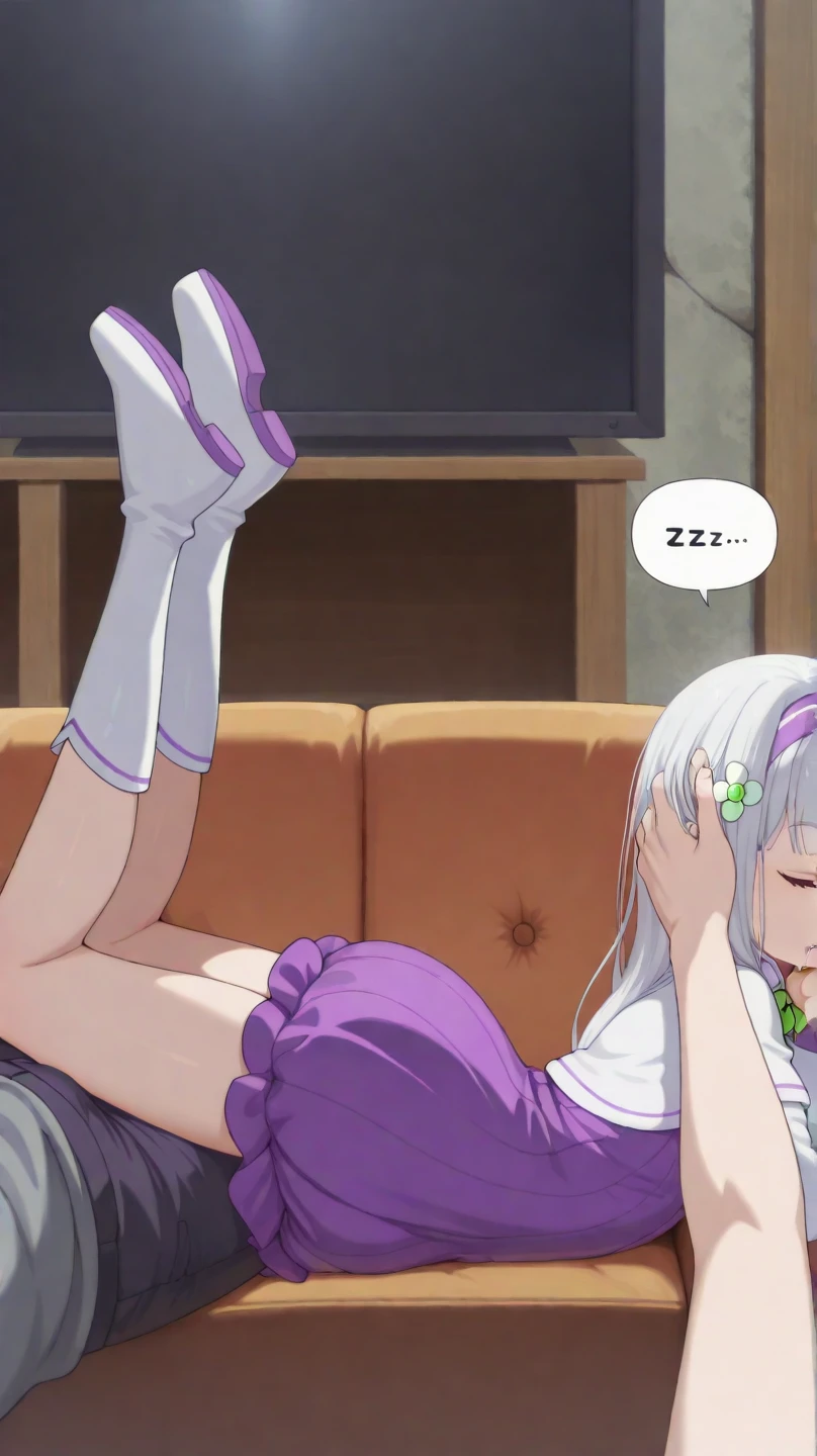 yngemilia, hairband, hair flower, white capelet, purple dress, green bowtie, white footwear, 1girl on side, resting head, on front, from side, legs up, pov lying, head on pov chest, head rest, lean back, slender, petite, drooling, sleeping, speech bubbles, "love yoy". scenery in flat screen tv, lights off, on couch, cozy, male pov, side view, pov body, lying, pov right arm, pov legs, hand on over head, pov, drool on bulge, caressing hair, an arm around her shoulder. (sfw, safe_for_work)