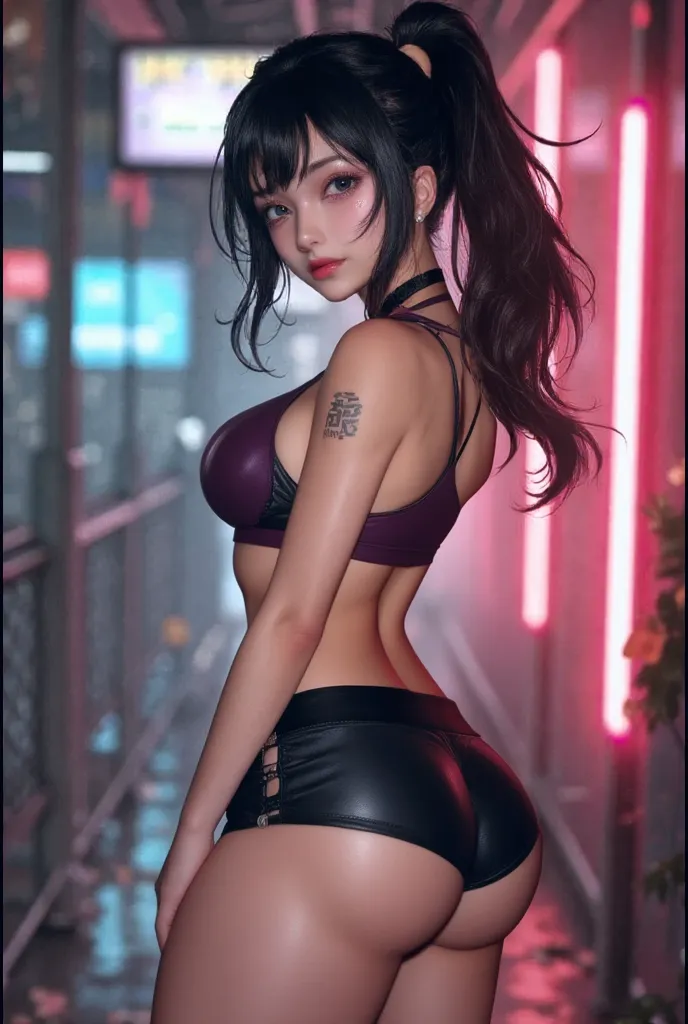 a WHORE BREAK, 1girl, violet parr, violet eyes, long black hair, pink hairband, small waist,wide hips, curvy ass, huge soft breasts, detailed body, ass focus, BREAK hooker, at night, Prostitute, at the street , blazer, bra, stockings, red mini skirt, boots, waiting for man, messy hair, standing, messy hair, damp, cute, sexy moist, backlight, silhouette, (background in dark, ) , cinematic lighting, dark, (private study:1.3) , rich colors ,hyper realistic , dramatic lighting ,