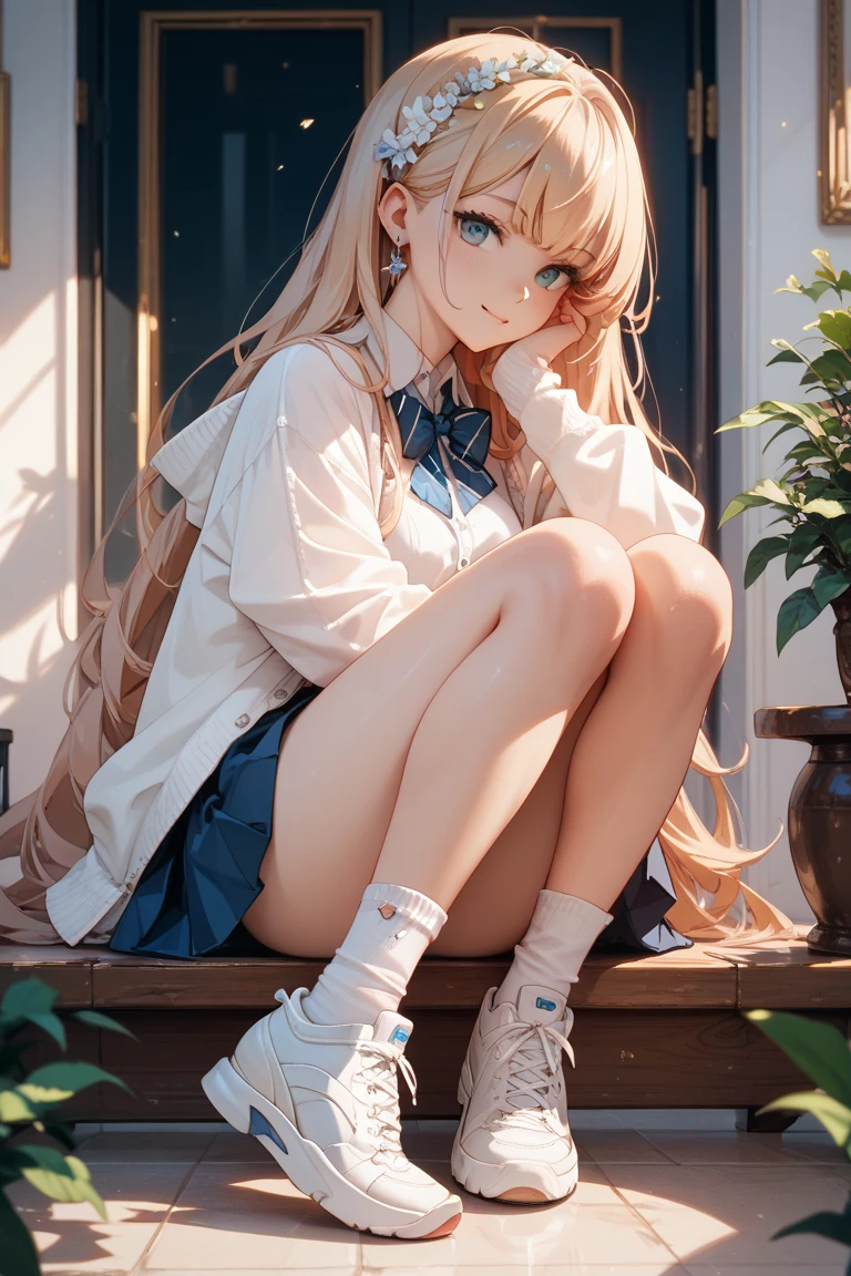 (masterpiece:1.2, best quality), (highly detailed:1.3), perfect anime illustration of 17yo girl, blonde long hair, white shirt, pleated skirt, (white panties), closeup, sitting on ground, eyes closeup, smile, city, night, starry sky, dark theme