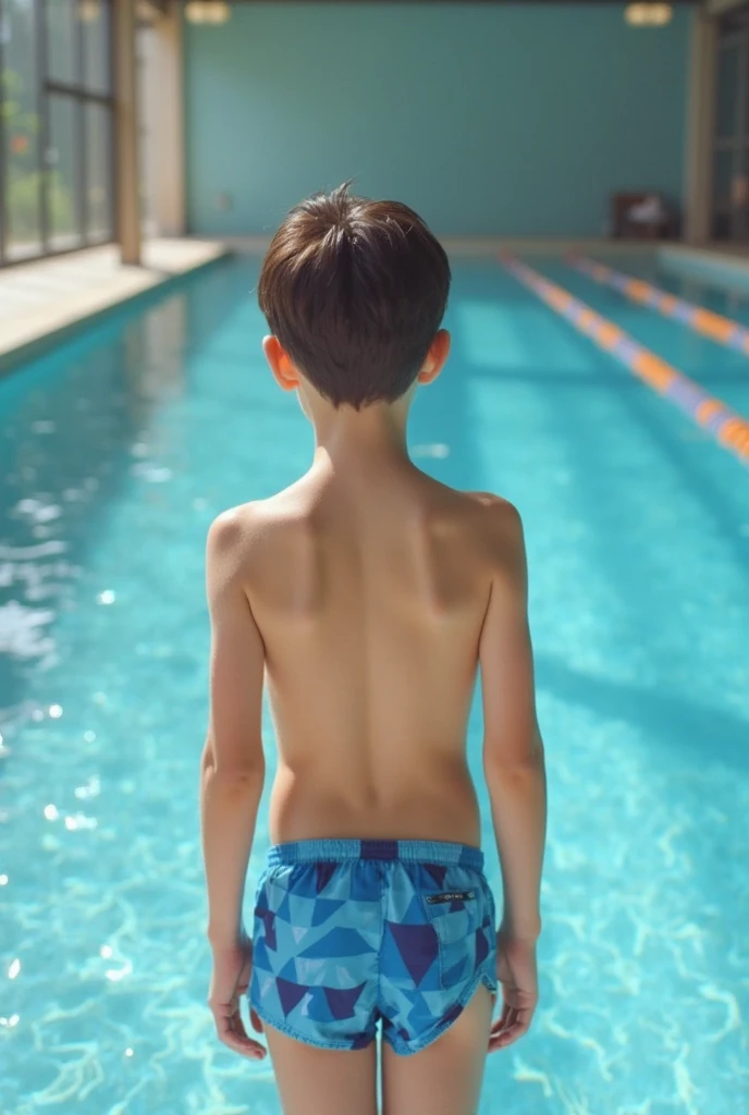 Boy in swimsuit looking embarrassed in pool
