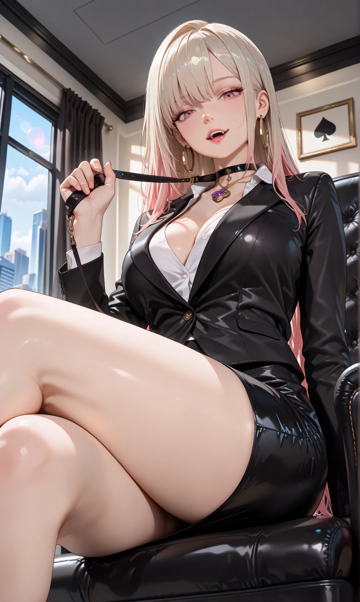 Best quality at best, tmasterpiece), 1个Giant Breast Girl, with pink hair, a purple eye, a garter belt, pencil skirts, Female office staff, Black bra, tiese, collared shir, leaning backward