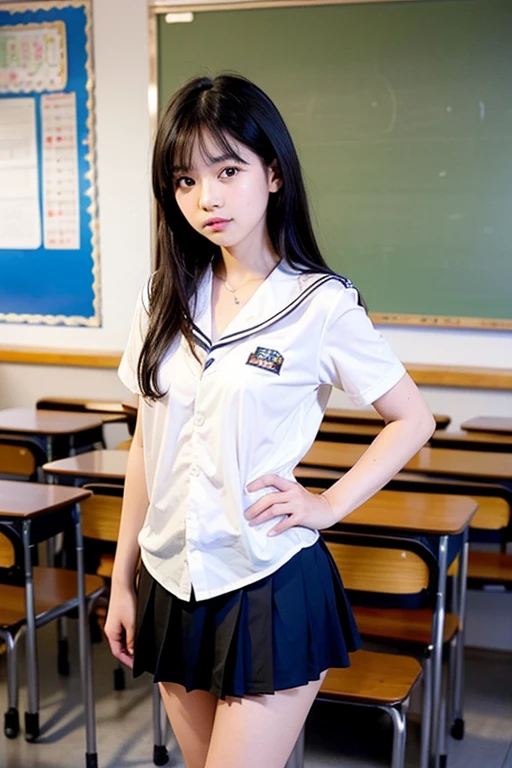 A girl standing in a school classroom,white sailor shirt and navy miniskirt,Plump thighs,18-year-old,bangs,a little smile,thighs,share,knees,long hair,ponytail,from below