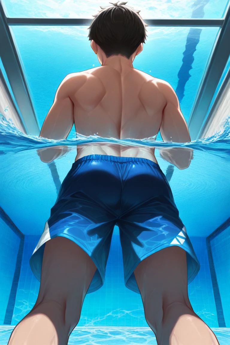 Full body image, Boy 18 years old, big muscles, shirtless, short hair, sexy, tired face. Sexy poses under the sea, armpit hair, Perfect, round buttocks, Bottom view from the back