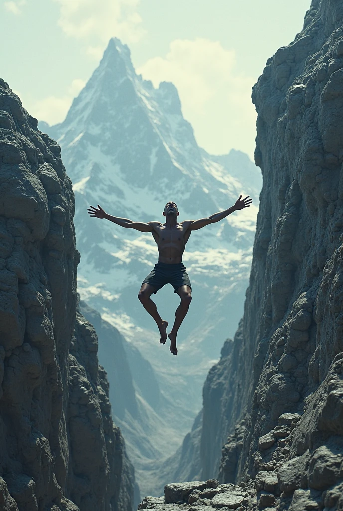 A bodybuilder balancing on the top of the mountain in just his sneakers