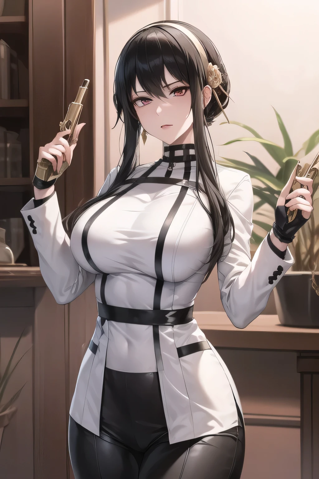 Tifa, ((masterpiece)), ((best quality)), (white long coat), coat on shoulders,white navy soldier uniform ,(epaulettes), purple shirt, blue pants, upper body, looking at viewer, large breasts ,(hd), (full body shot), (high resolution)
