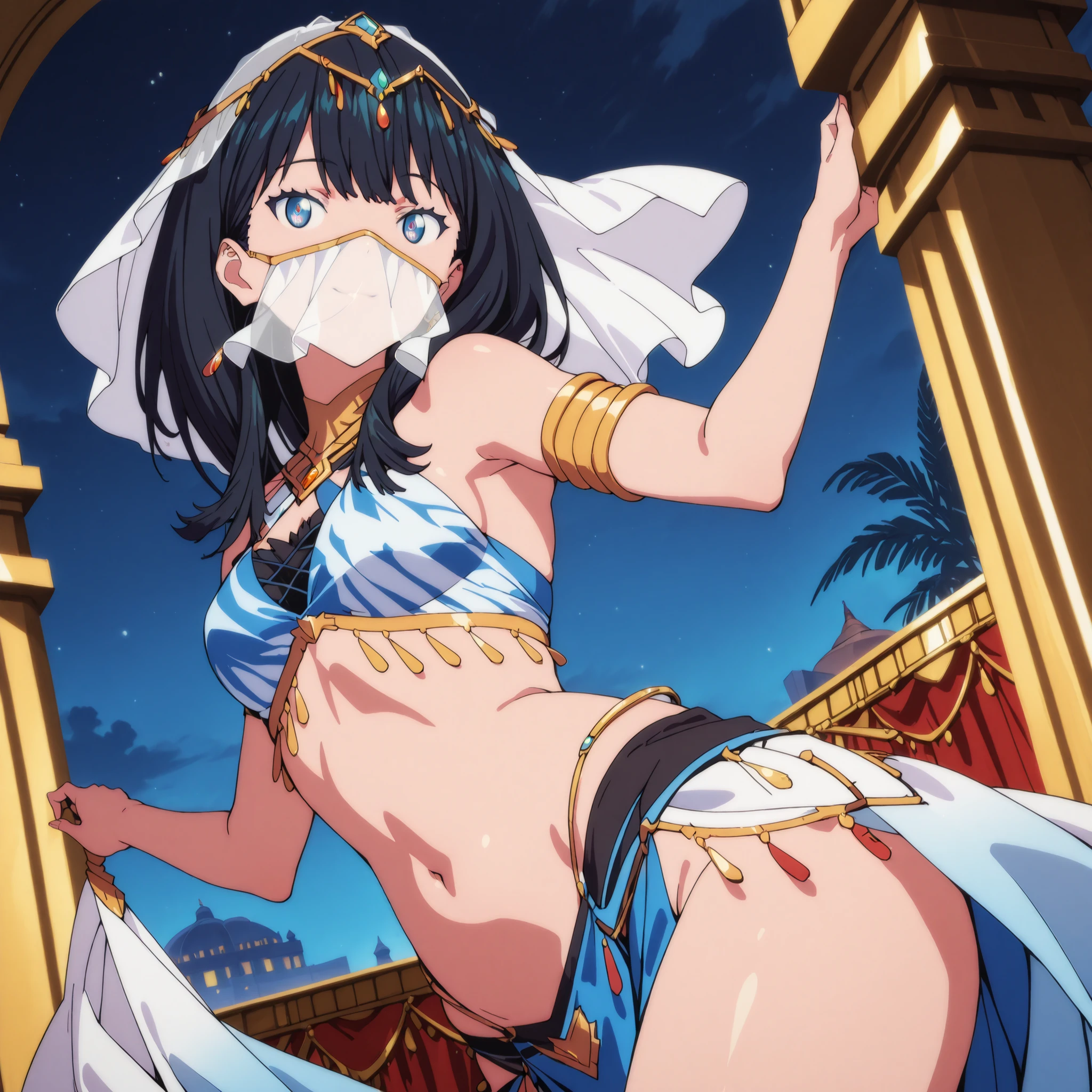 (1girl:1 . 5) , (Seul:1 . 5) , score_9 , score_8_haut , score_7_haut , source_anime , Official work , ultra-detailed , masterpiece , best quality , high res , beaux yeux , detailed eyes , detailed face , beautiful detailed eyes ,SSSS Gridman,Takarda Rikka, Arabian Clothes , Arabian Dancer ,belly dancer costume ,mouth veil, golden jewelery,armlet, belly dancing,night,arabian theater, seductive smile, dancing with veil, dynamic movement, seductive pose,sexy pose