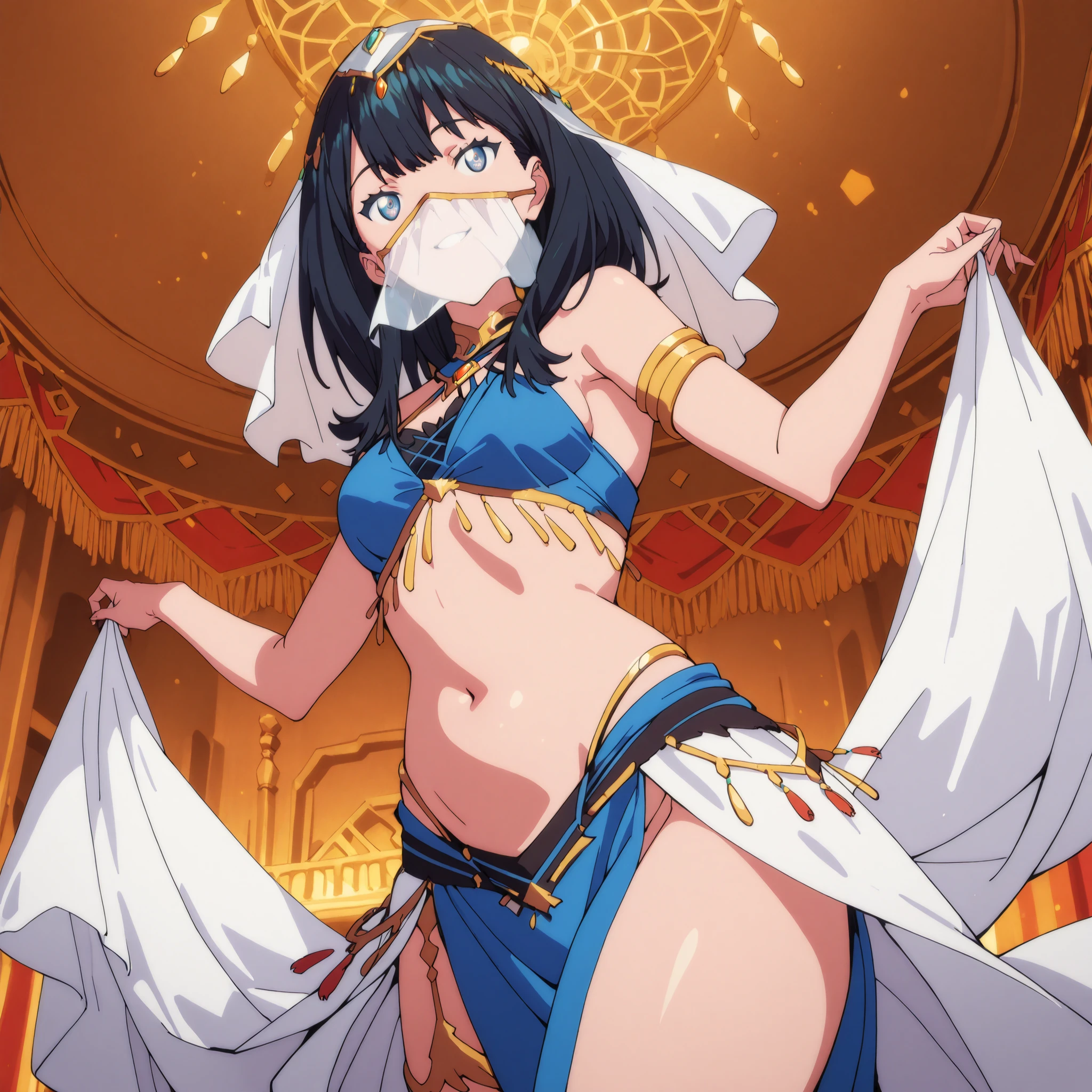 (1girl:1 . 5) , (Seul:1 . 5) , score_9 , score_8_haut , score_7_haut , source_anime , Official work , ultra-detailed , masterpiece , best quality , high res , beaux yeux , detailed eyes , detailed face , beautiful detailed eyes ,SSSS Gridman,Takarda Rikka, Arabian Clothes , Arabian Dancer ,belly dancer costume ,mouth veil, golden jewelery,armlet, belly dancing,night,arabian theater, seductive smile, dancing with veil, dynamic movement, seductive pose,sexy pose