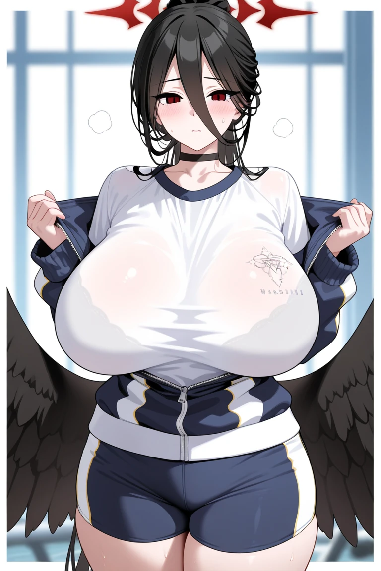 hasumi ba, very Long Hair, white shirt, Long Hair, Partially defrosted, Simple Background, choker, blue Jacket, alone, Jacket, Black Hair, White Background, Leaning forward, wing, (Huge breasts,sagging breast) black good, good, blush, One girl, Gym suit, See-through, Sweat, black choker, Mole under eye, Hair between the eyes, Red eyes, low wing, shirt, ponytail, Hello, black wing, Mole
