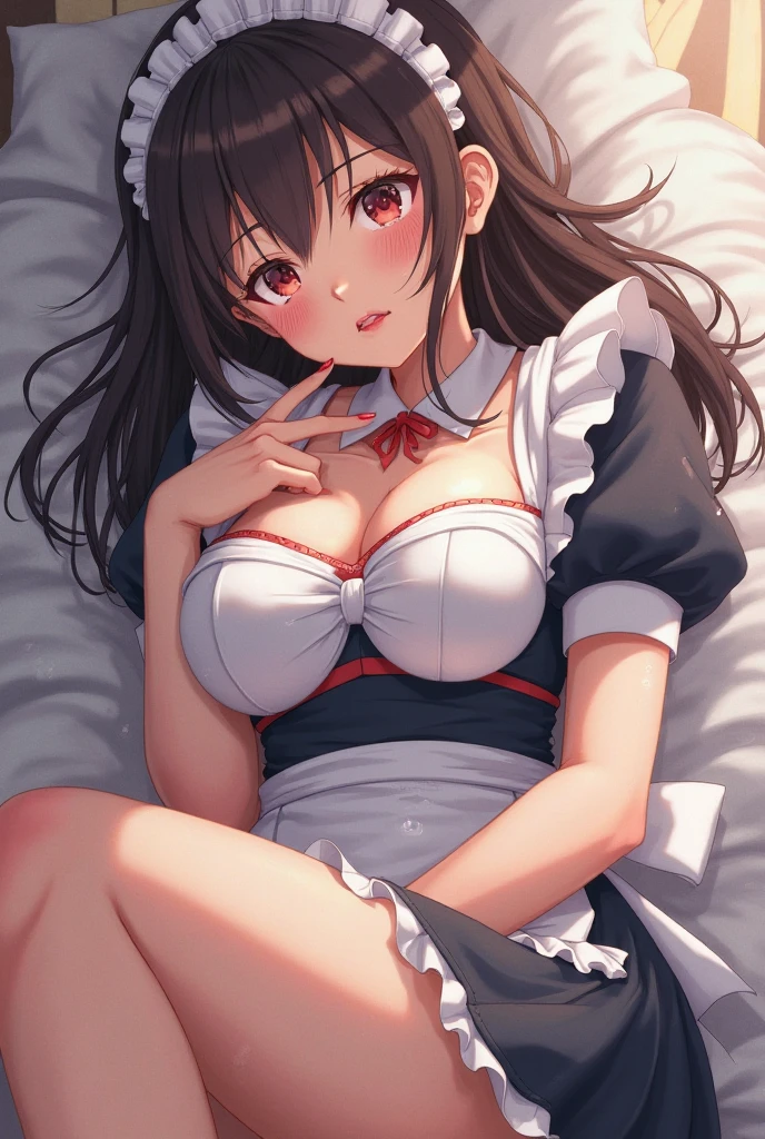 Top view NSFW:1.9 Solo Lying on the bed naked:3.6. Sex:1.9 Penis inserted into pussy:1.9 Lying on the bed, showing off her pussy to the viewer:1.9 Spread your legs wide, , pussy, erotic cosplay maid outfit:1.9 White sleeveless dress, anime drawing with vivid colors, tall woman:1.9. Spread your legs wide:1.3. Big breasts, sweat, troubled face, surprised face, glaring, wrinkled brows, flushed cheeks, night:1.3 Apartment bedroom, white sheets, short black hair, ponytail:1.9 Straight hair, bangs swept to the side:1.9. Slanted eyes, brown eyes, tall, strong-willed, beautiful