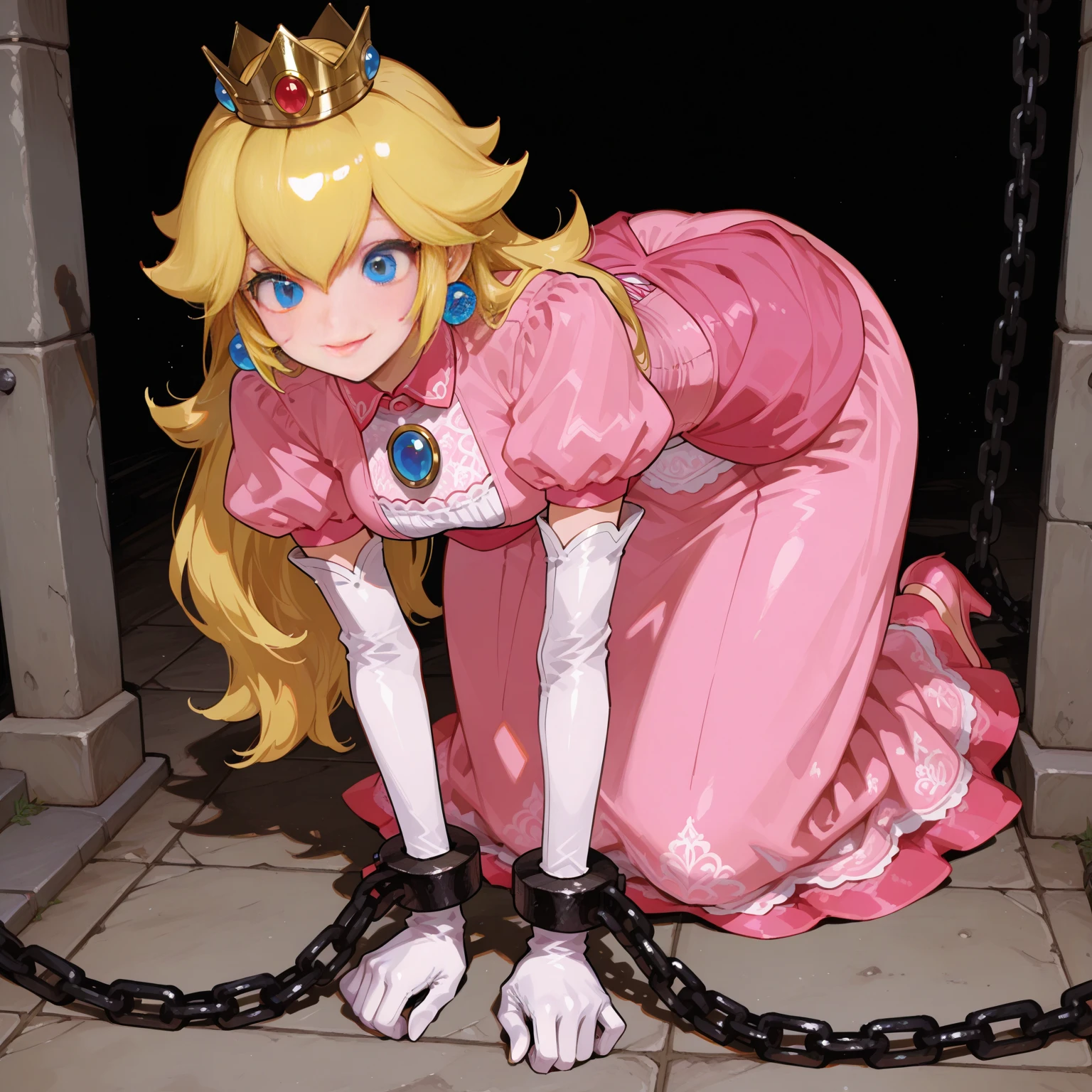 princess peach, kneeling on the ground, nose, sad, pink dress, torn dress, chained by the feet, chained by the hands, shackle around his neck, in a dungeon, inside a castle, sexy white panty, White thigh high stockings, garter belt in each stocking, hold the rose, hands on the floor, sideways.