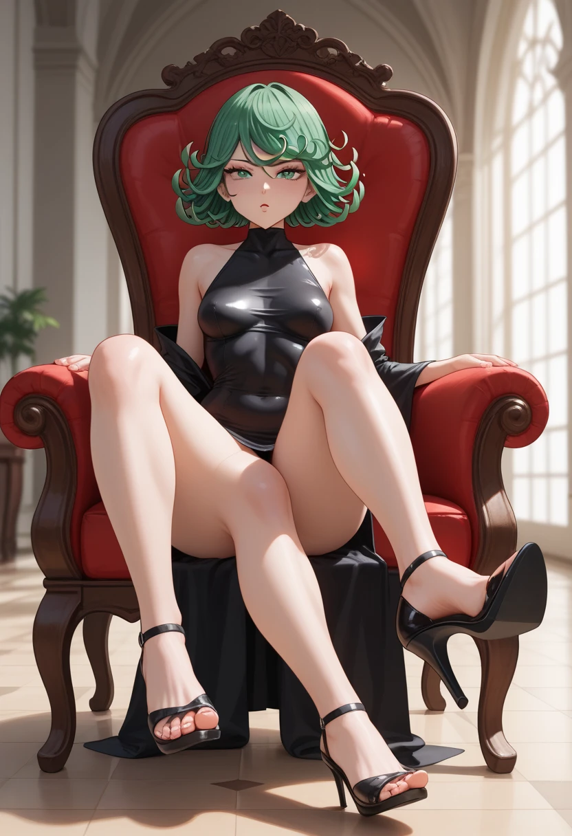(((1 girl))), (Tatsumaki of a punching man), (short green hair), (green eyes), , (((wearing bikini))), full body view, (in a motel room) , (((Delgado, muscular legs))), thin waist, Stomach Muscles, big ass, (((Full body photo))), wearing a green high heel shoe, (((in front of me sitting on the chair with legs crossed))) , (((grumpy))), (HDR), eye flash, extended eyes, extended eyes, moody, cheered up, minimalism, cheered up style, ray tracing, cinematic lighting, cinematic lighting , shine, shine, jpeg artifacts, bright light, rays of god, ray tracing, drop shadow, panorama, Sony FE, from behind, below, below, ultra hd, artwork, necessary, necessary, anatomically correct, super detail, high quality, Best Quality, very high, 16k