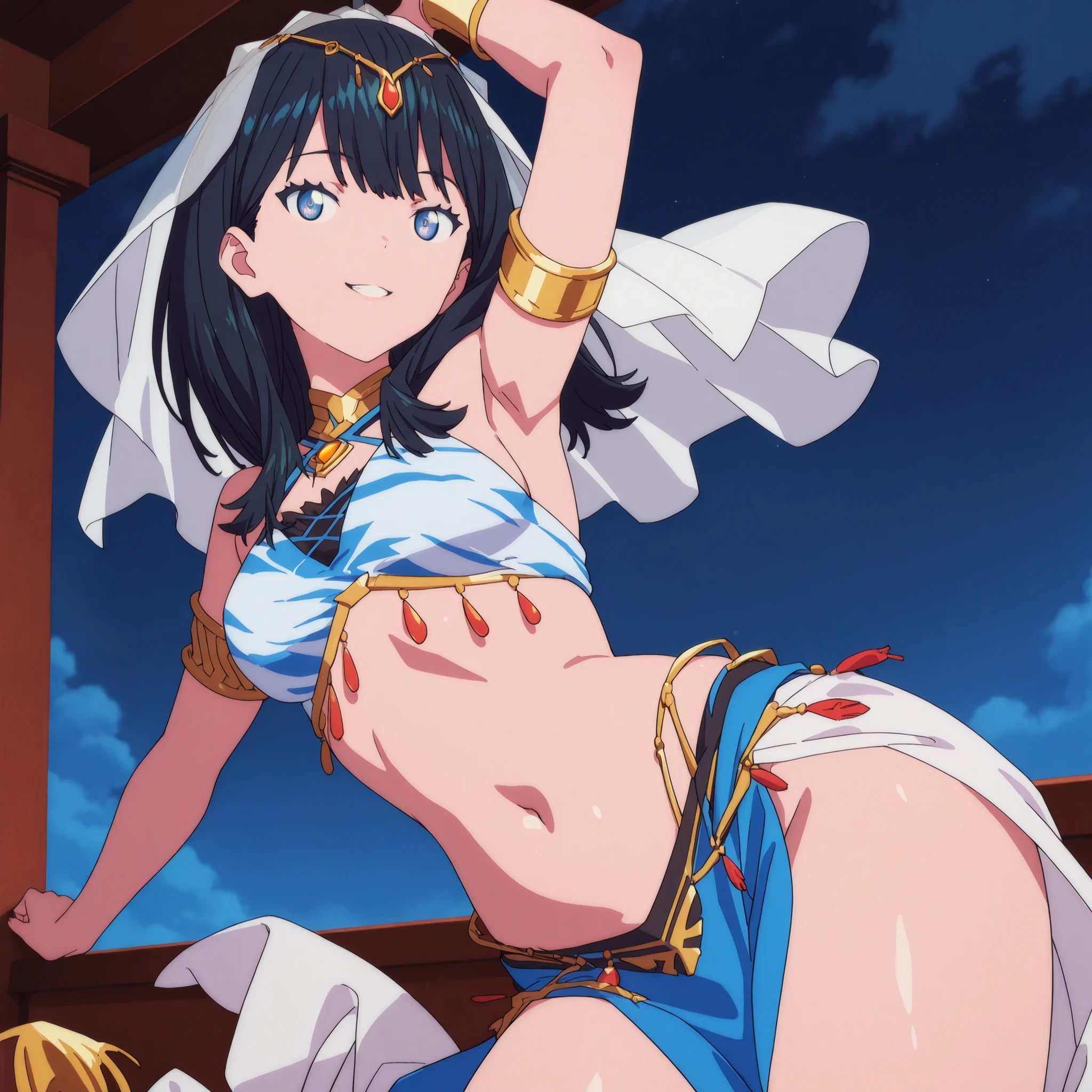 (1girl:1 . 5) , (Seul:1 . 5) , score_9 , score_8_haut , score_7_haut , source_anime , Official work , ultra-detailed , masterpiece , best quality , high res , beaux yeux , detailed eyes , detailed face , beautiful detailed eyes ,SSSS Gridman,Takarda Rikka, Arabian Clothes , Arabian Dancer ,belly dancer costume , golden jewelery,armlet, belly dancing,night,arabian theater, seductive smile, dancing with veil, dynamic movement, seductive pose,sexy pose