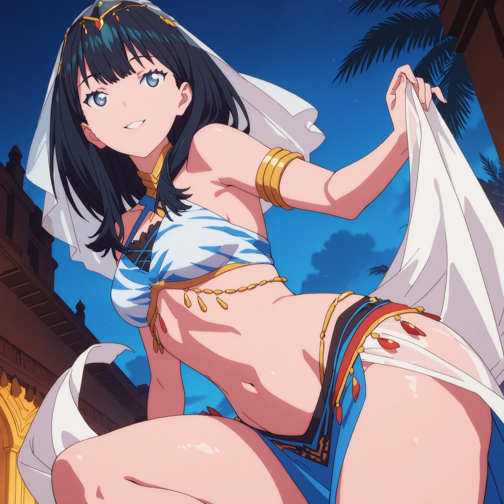 (1girl:1 . 5) , (Seul:1 . 5) , score_9 , score_8_haut , score_7_haut , source_anime , Official work , ultra-detailed , masterpiece , best quality , high res , beaux yeux , detailed eyes , detailed face , beautiful detailed eyes ,SSSS Gridman,Takarda Rikka, Arabian Clothes , Arabian Dancer ,belly dancer costume , golden jewelery,armlet, belly dancing,night,arabian theater, seductive smile, dancing with veil, dynamic movement, seductive pose,sexy pose