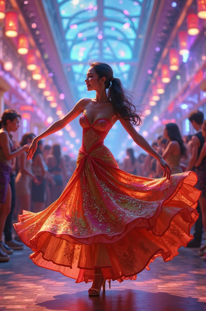 A stunning full body photography of a lady dancing flamenco, wearing blue flamenco dance long dress, happy, flirting, detailed face, outdoor night party, (medium breast), people surrounded and clapping, captured in a naturalistic style by photographers Sam Yang and Ross Tran. The scene is highly-detailed, with intricate textures on the lady's clothing and sharp focus on the surrounding, spanish fiesta vibes, torch as lighting