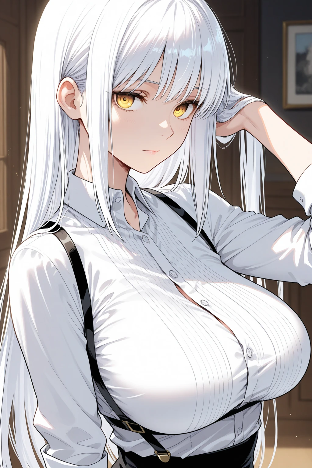 ,orange jumpsuit, uniform, orange pants,Waist Chain, Hands tucked in between thighs, arms tucked in between thighs, Handcuffs, big breasts, long white hair, blue eyes, milf