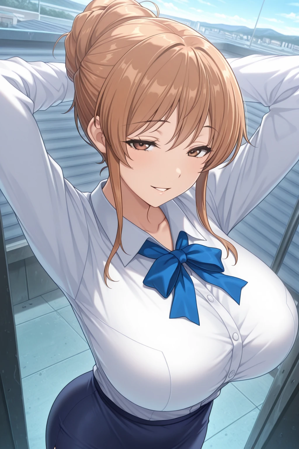 ((masutepiece, Best Quality, hight resolution, nffsw, Perfect Pixel, depth of fields, 4K, )), 1girl in, Solo, , Beautiful anime girl, Beautiful Art Style, close up, Looking at Viewer, Perfect body, Short hair, brown hair, ponytail, mole on face, blue eyes, (large boob), Full face blush, Smile, thighs thighs thighs thighs, navy playboy bunny, red bowtie, white background, hugging, cowboy shot, Focus,