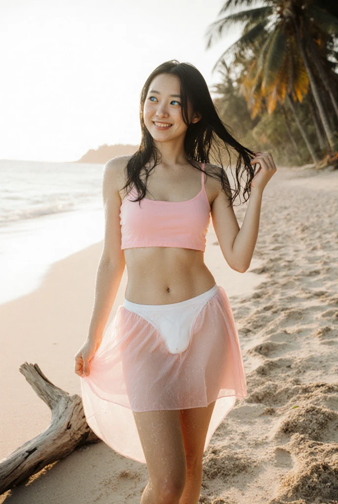 ((top-quality、in 8K、​masterpiece:1.3、Raw photo))、Super high quality photos, In the tropical jungle, ((wearing jacket and skirt)), ((Wear a white blouse shirt under the jacket)), ((Perfect beauty 20 year old idol Japan woman)), ((a smile)), ((protruding nipples under the shirt,,)), ((Hair fluttering in the wind)), ((slim figure)), ((Slim legs)), ((slim thigh)), ((Perfect beauty 20 year old idol Japan woman)), (Photorealistic: 1.4), (Ultra-high detail), (hyper realisitic: 1.4), (Realistic: 1.3), (Smooth lighting: 1.05), Full body, 1girl in, Solo, (Japanese actressl),　20yr old, cinematlic lighting,  ((Leaner figure)), Good anatomy, Correct anatomy, In the tropical jungle, ((Perfect beauty 20 year old idol Japan woman)),  ((Slim legs)), ((slim thigh)), ,((Perfect beauty)), ((He has a small camping bag in one hand.)), ((Panties are visible through the skirt)), ((a smile)), ((camel's toe)), ((wearing jacket and skirt)), ((The wind is blowing up my skirt and I can see my panties.)),