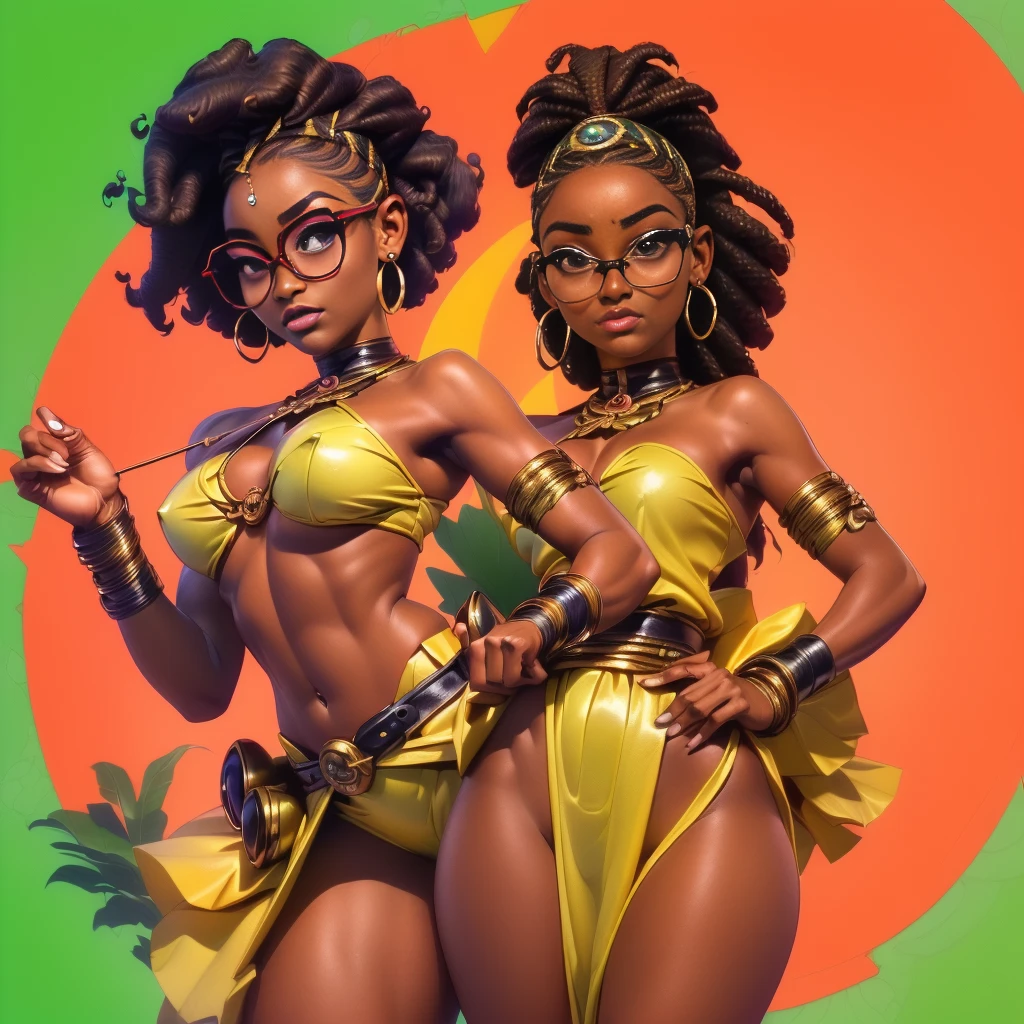 Brunette skin huge breasts thick thighs shiny skin Manyuu Chifusa afro in jungle sunset in background food.