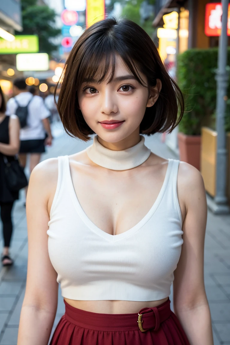 (((Close-up of face)))、(((Absolutely shoulder-length brown very short hair)))、(((Posing with the alleys of a Spectators at a soccer match at the Olympic Stadium in the background)))、(A packed auditorium), (((She is wearing clothes suitable for early summer)))、(Natural laughter:1.25)、 ((very cute Japanese actress)), (18 year old girl)、Standing Alone、Looking forward、Light eye makeup、Brown Hair Color、Flat and 、Hair blowing in the wind、Actress Quality、Glossy, ultra-realistic face、Smiling face、Watery eyes、large breasts, Cleavage, Facing forward and looking at the camera、Subtle lighting effects、 Ultra-Realistic Capture、Very detailed、High resolution 16K close up of human skin。Skin texture must be natural、The details must be such that pores can be clearly seen、The skin is healthy、Uniform tone、Use natural light and colors、A worn-out, high-quality photo taken by a model agency&#39;s in-house photographer.、smile、(((SIGMA 300 mm F/1.4,1/1000 sec shutter,ISO 400)))、The background is F-stop 1..4 is blurred
