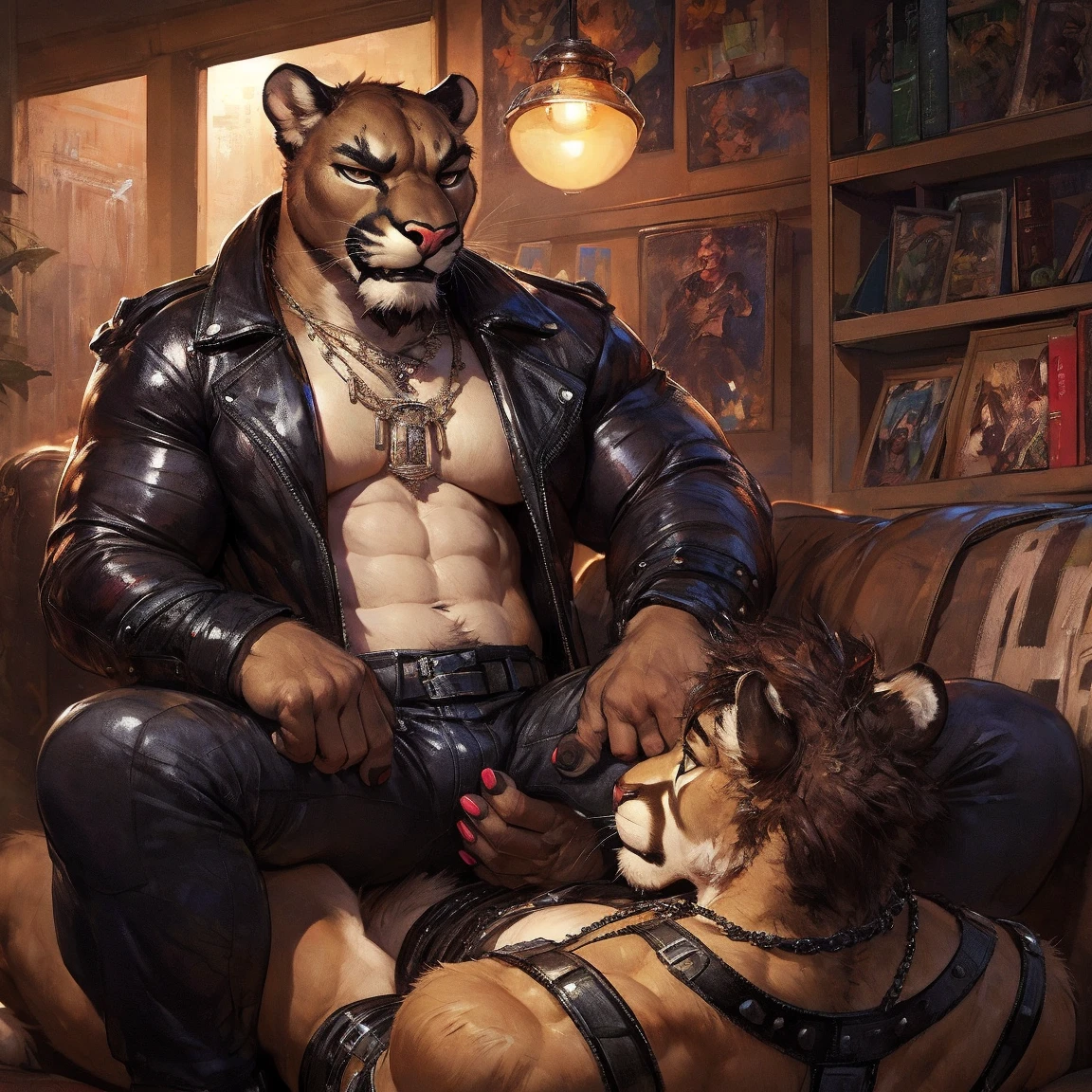 By Taran fiddler, two men, adults, dilfs, beard facial hair, no clothing, completely naked, a brown wolf-man being anally penetrated by a anthro golden retriever, an aged wolf anthro being fucked by another canine (golden retriever), a muscular golden retriever man fucking a wolf-man, accurate ???????, detailed depiction of two men fucking, sweaty, erected dicks (knots), veiny shafts, hanging ballsacks, wrinkled scrotum, precum dripping, cum dripping, messy, missionary position, bedroom background, on a couch, dynamic angle