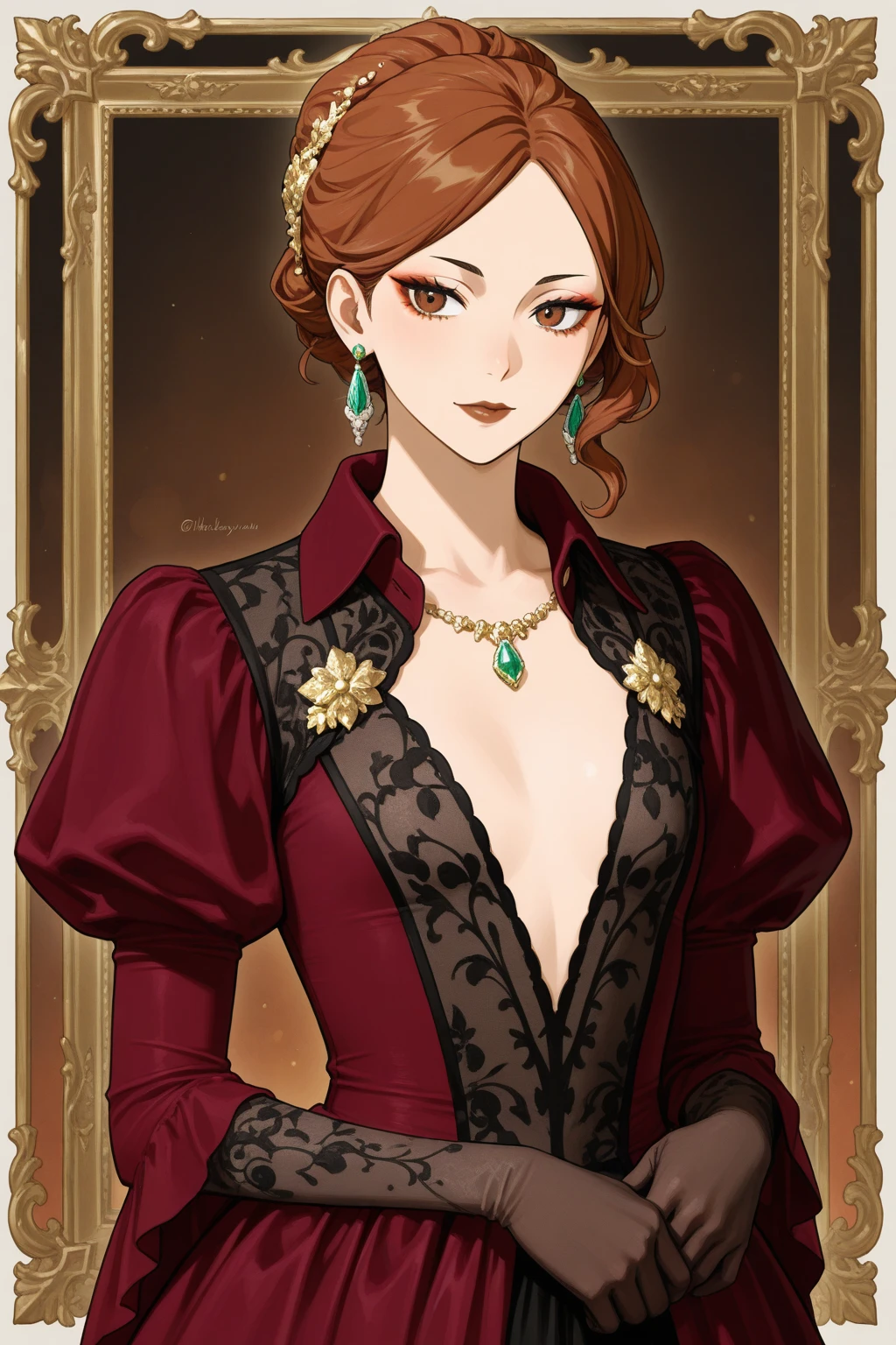 Drawing of a woman in a red dress,Holding a diary,Wearing a necklace with a Tuscan-colored gemstone pendant,Exquisite makeup,The temperament of the superior,Cold eyes,An angry look,Beautiful artwork illustration,有新海诚Cyril Rolando、Cyril Rolando和藤田五郎,Cyril Rolando,灵感来自Cyril Rolando,In the style of atey ghailan,Shinkai Makoto style