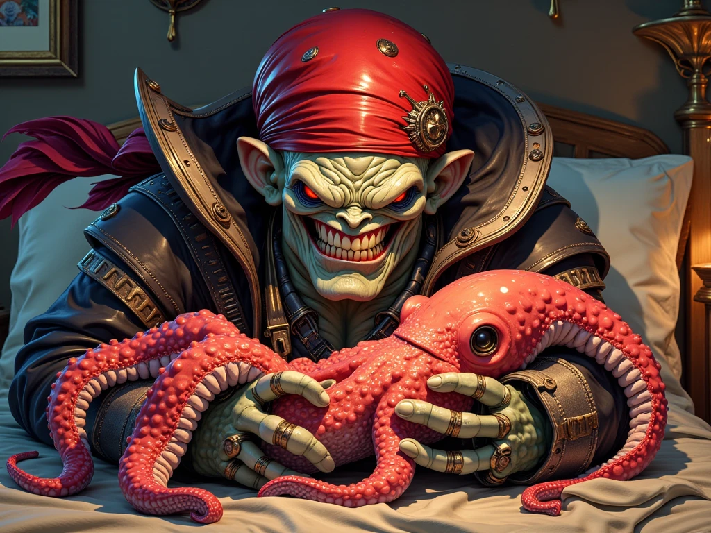 (warhammer fantasy style), gigantic (Khorne:1.5) the Blood God, looking like a (giant blood Demon:1.4), (but he's dressed as a French citizen, wearing a sailor shirt and handling a baguette with a beret:1.4), warhammer_chaos_spawn, simple background