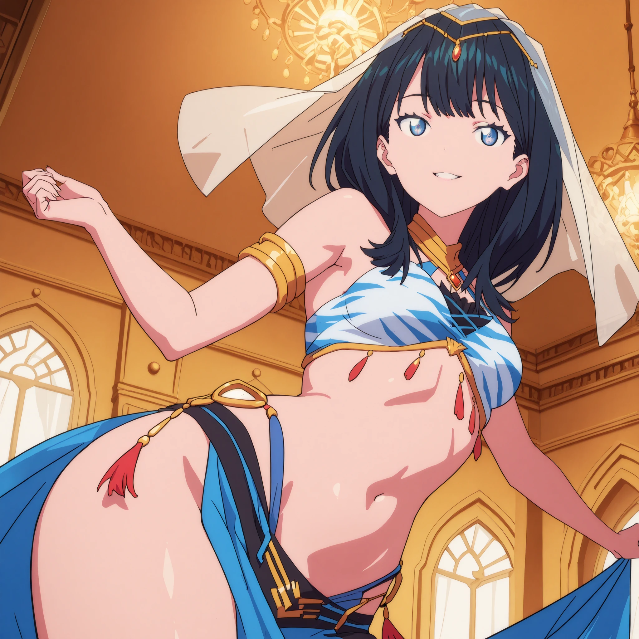 (1girl:1 . 5) , (Seul:1 . 5) , score_9 , score_8_haut , score_7_haut , source_anime , Official work , ultra-detailed , masterpiece , best quality , high res , beaux yeux , detailed eyes , detailed face , beautiful detailed eyes ,SSSS Gridman,Takarada Rikka, Arabian Clothes , Arabian Dancer ,belly dancer costume , golden jewelery,armlet, belly dancing,arabian garden, seductive smile, dancing with veil, dynamic movement, seductive pose,sexy pose