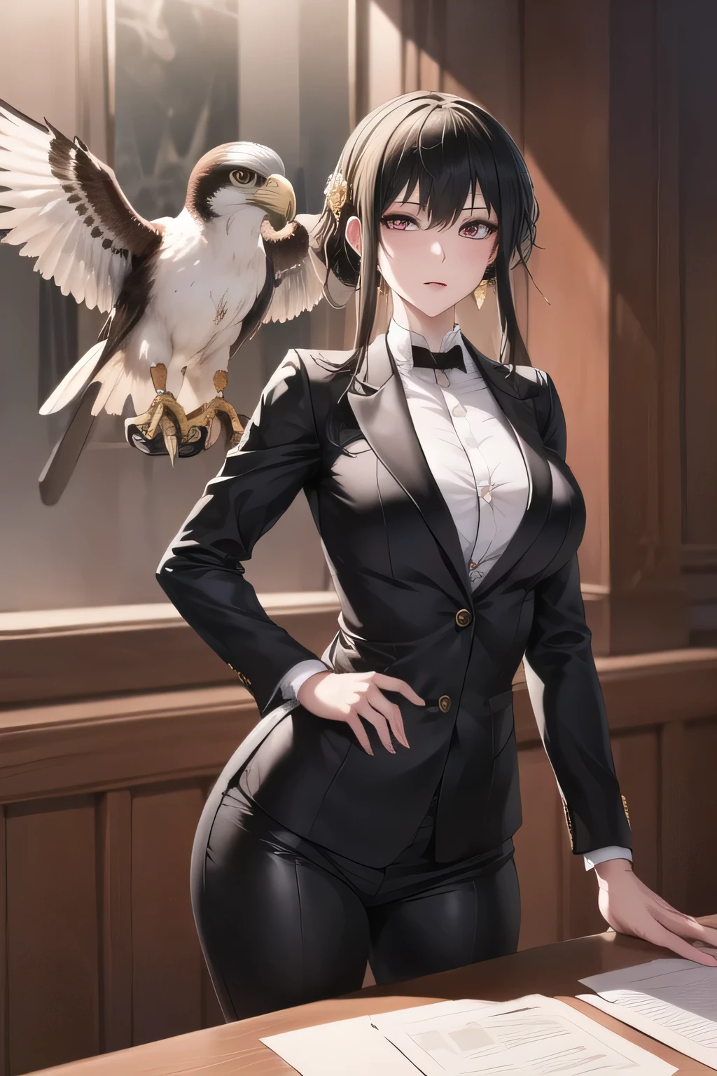 can you draw a female boss with a large falcon and an eagle,,can you draw an indoor falcon and an eagle,The bird next to the boss,Blonde,sunglasses,Long Black Hair,The leader of the secret mission,wearing a white tuxedo suit ,clothes that are easy to move around in,please draw a gang boss, Hitman, Assassin ,has an unforgiving expression,carrying a gun,,let's start with facial expressions, so don't crop your face,,Give instructions to subordinates、,,