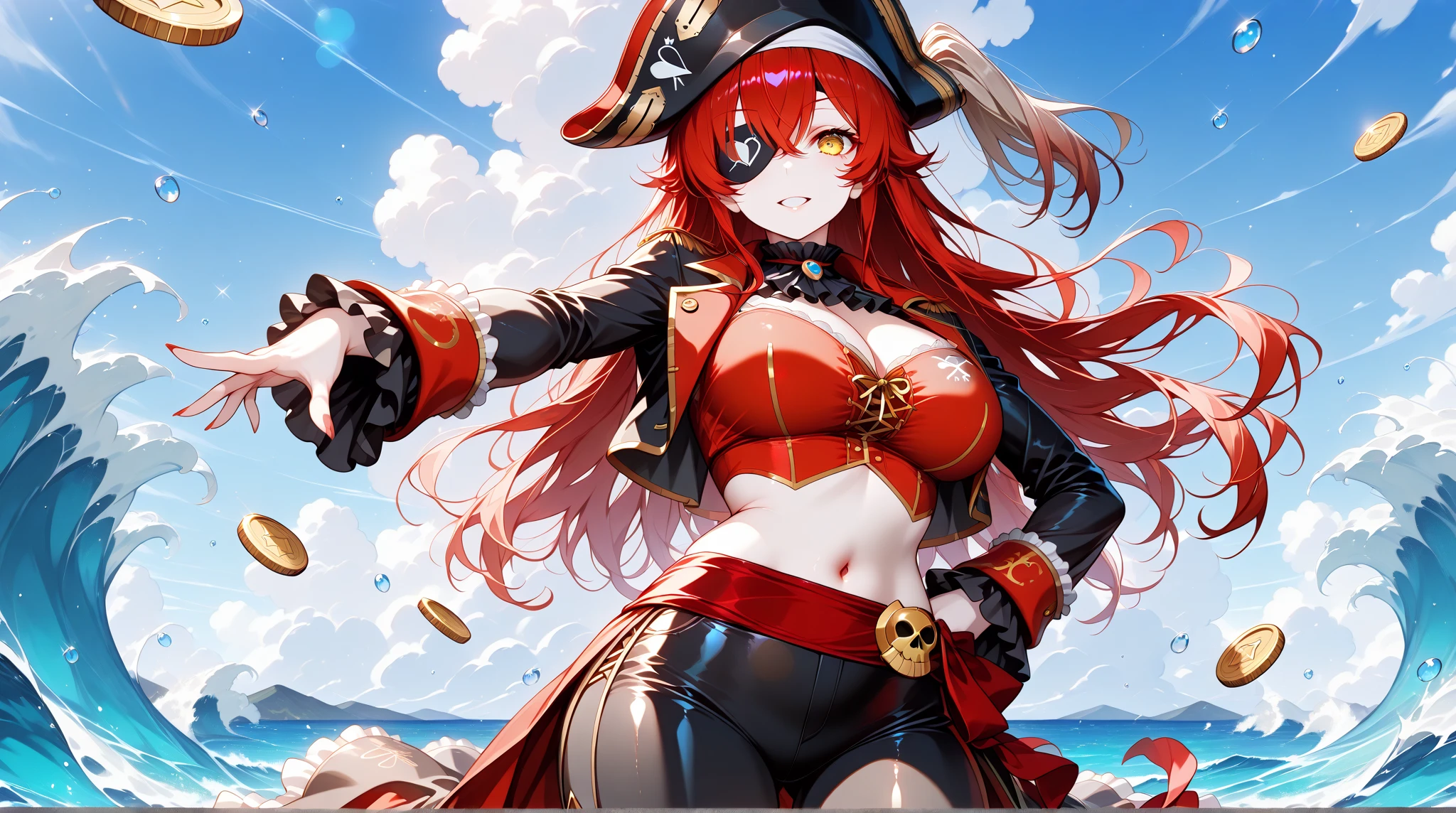 <lora:Yoko-AIOV1-37:1>, Yoko, 1girl, yoko_littner, breasts, solo, long_hair, bikini, scarf, gloves, pink_legwear, hair_ornament,fingerless_gloves, short_shorts, cleavage, bikini_top_only, navel, open_mouth, ponytail, smile, flame_print, skull_hair_ornament, large_breasts, black_shorts, belt, black_gloves, looking_at_viewer, hand_on_hip, leaning_forward, hair_stick