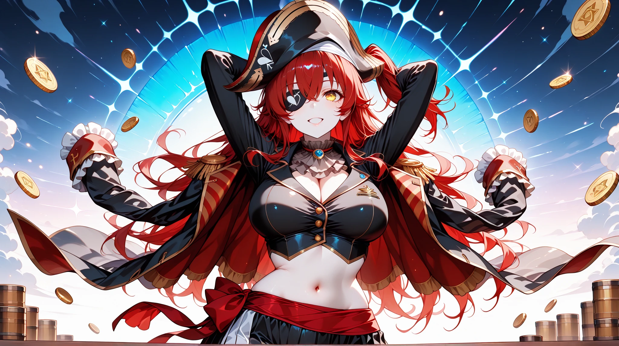 expensive, long red hair, red eyes, (delicate and beautiful features),(carefully drawn eyes,detailed pupil),wolf ears, wolf tail, smile, teeth, Open fuselage, tattoo, pirate hat, Pirate Pants, anchor, 8k, hd, Excellent in every detail、cowboy shot、8K、 (masterpiece、highest quality、super fine)