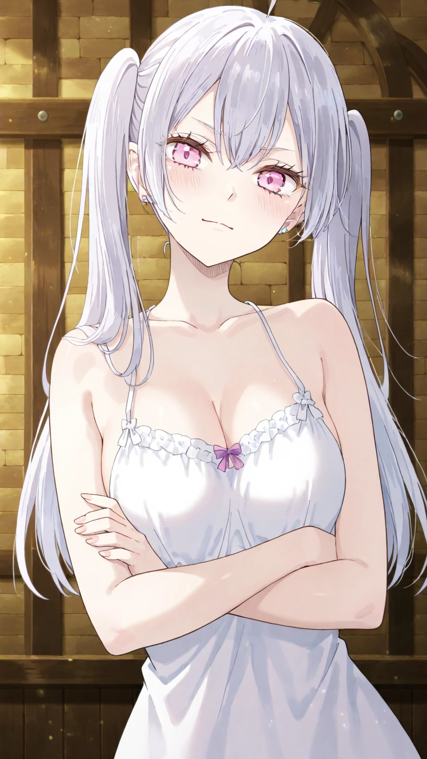 1girl, White hair, Purple eye, sportrait, photorealestic, Towels, (onsen), sidelighting, wallpaper, nsfw,Bare upper body