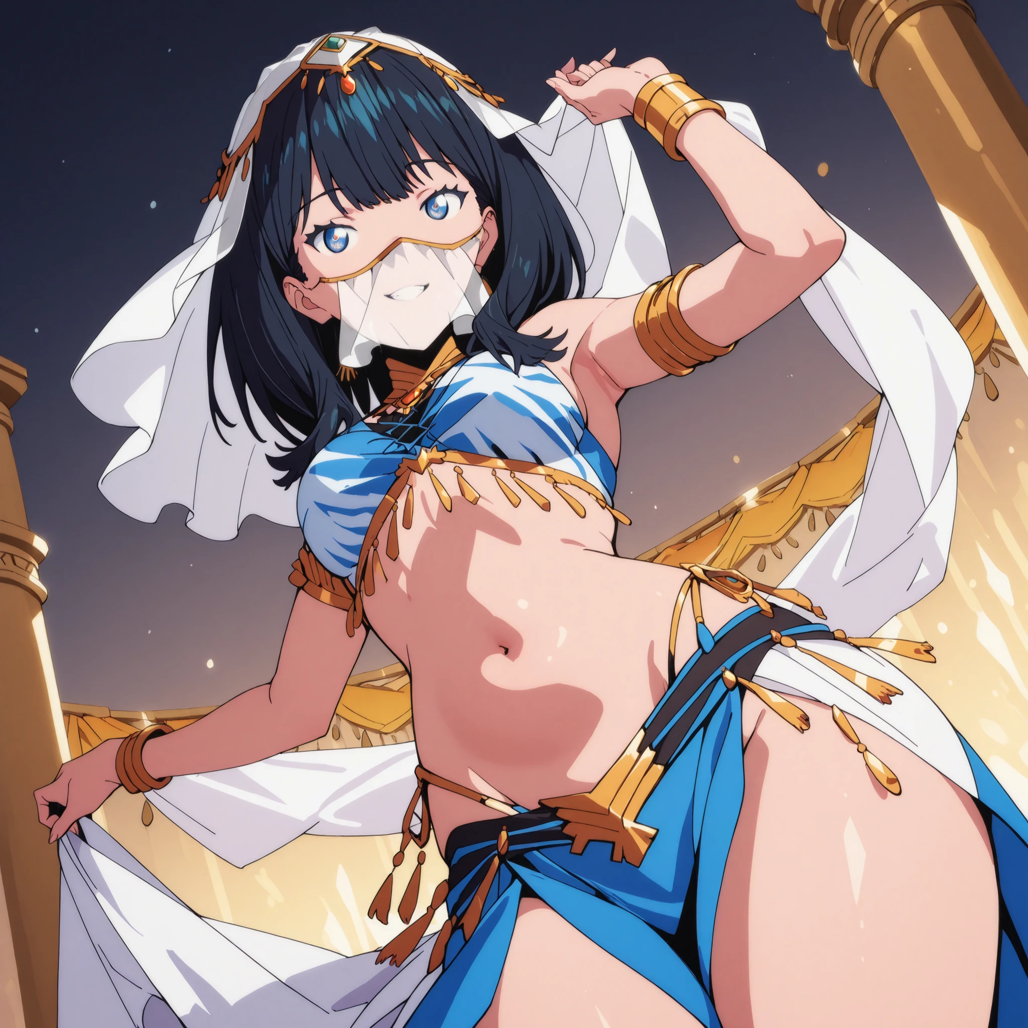 score_9, score_8_up, score_7_up, 1girl, solo, OuroKronii, short hair, hair intakes, arabian clothes, bracelet, breasts, jewelry, navel, pelvic curtain, ring, smile, arched back, dancer, arms up, standing, <lora:CHAR-OuroKroniiPonyXL:1>