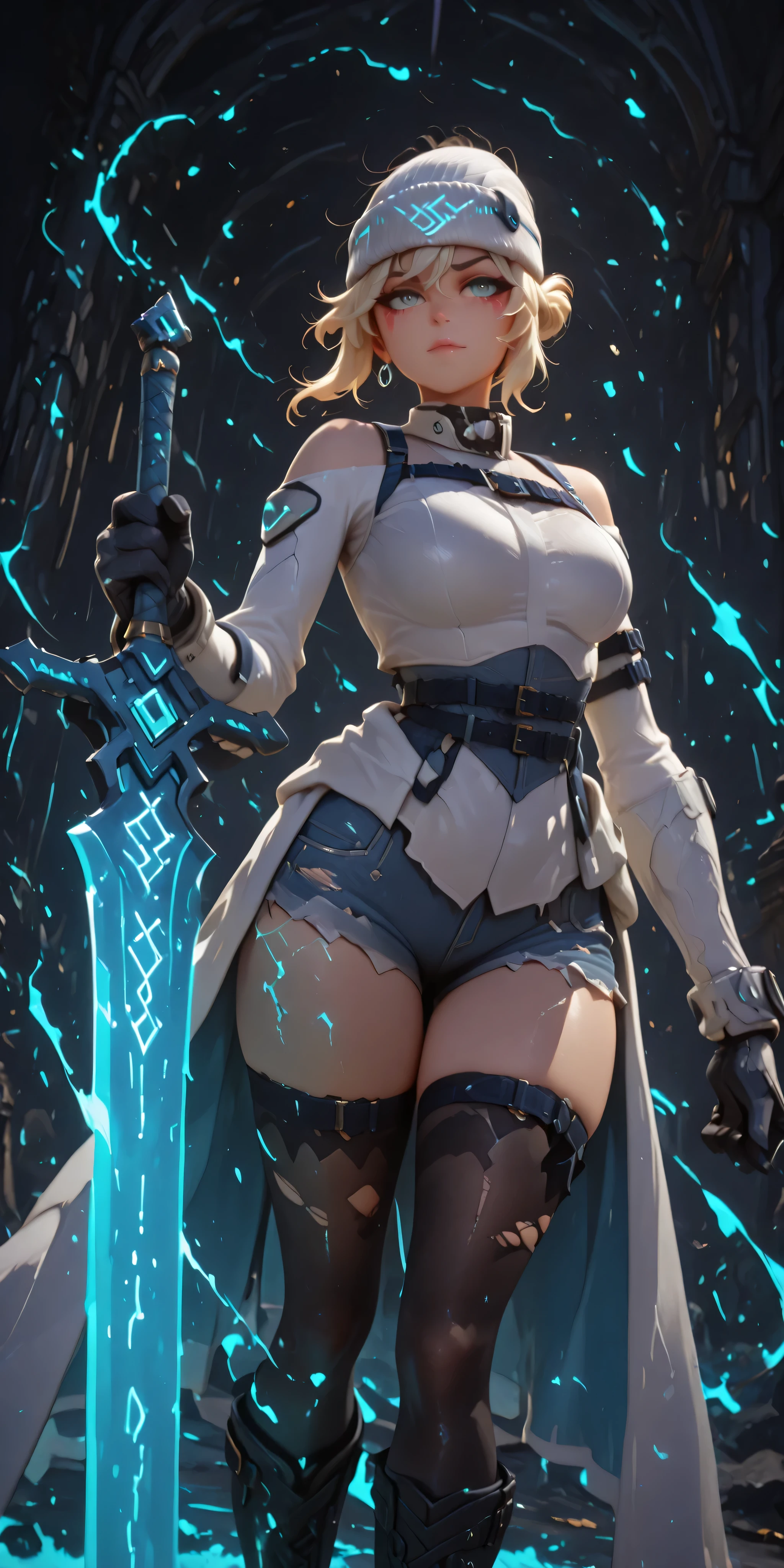 masterpiece, high resolution, 4k, best quality, solo female character, SAME as Kiriko K-pop (inspired by LE SSERAFIM Blue Frame), stylish white beanie, ultra-detailed, alone, light blonde hair with gray tones, short hair SAME as Kikiko (LE SSERAFIM), blue eyes, confident and slightly sadistic expression, fair skin, youthful curves, sensual pose, white coat tied at the waist, white long-sleeved blouse SAME as Kikiko (LE SSERAFIM), short blue denim shorts, black gloves, black boots, black mid-thigh-length tights, holding two large black swords with few gold details, looking directly at the viewer, provocative smile, exposed shoulders, thin waist, large breasts, wide hips, defined thighs, perfect anatomy, extremely detailed face, extremely detailed eyes, markings SAME as Kikiko (LE SSERAFIM) on her face (but in a light blue tone), highly detailed hair, highly detailed eyes, black background, details thin Realistic, solo character, black large sword, marks LIKE Kikiko's (LE SSERAFIM) on her face (but in a light blue tone).